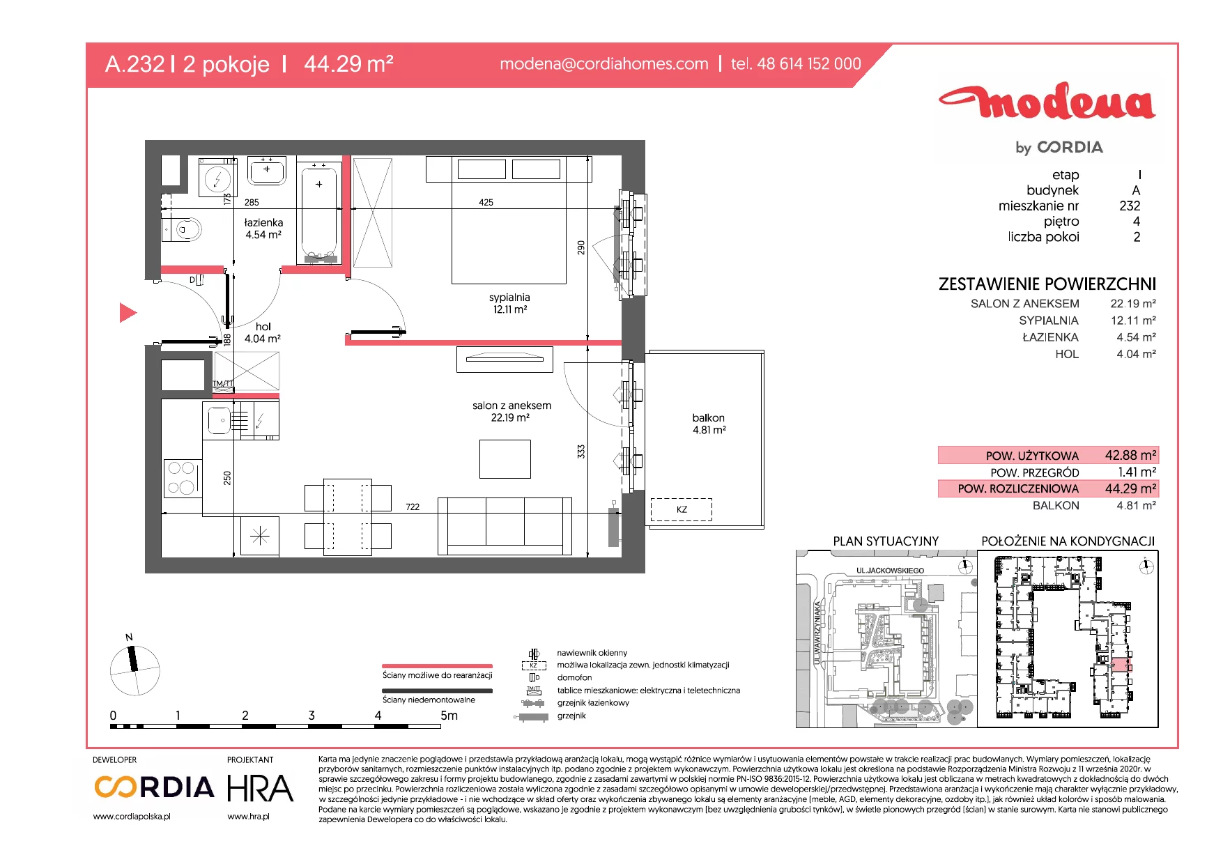 Mieszkanie 44,29 m², piętro 4, oferta nr A.232, Modena, Poznań, Jeżyce, Jeżyce, ul. Jackowskiego 24