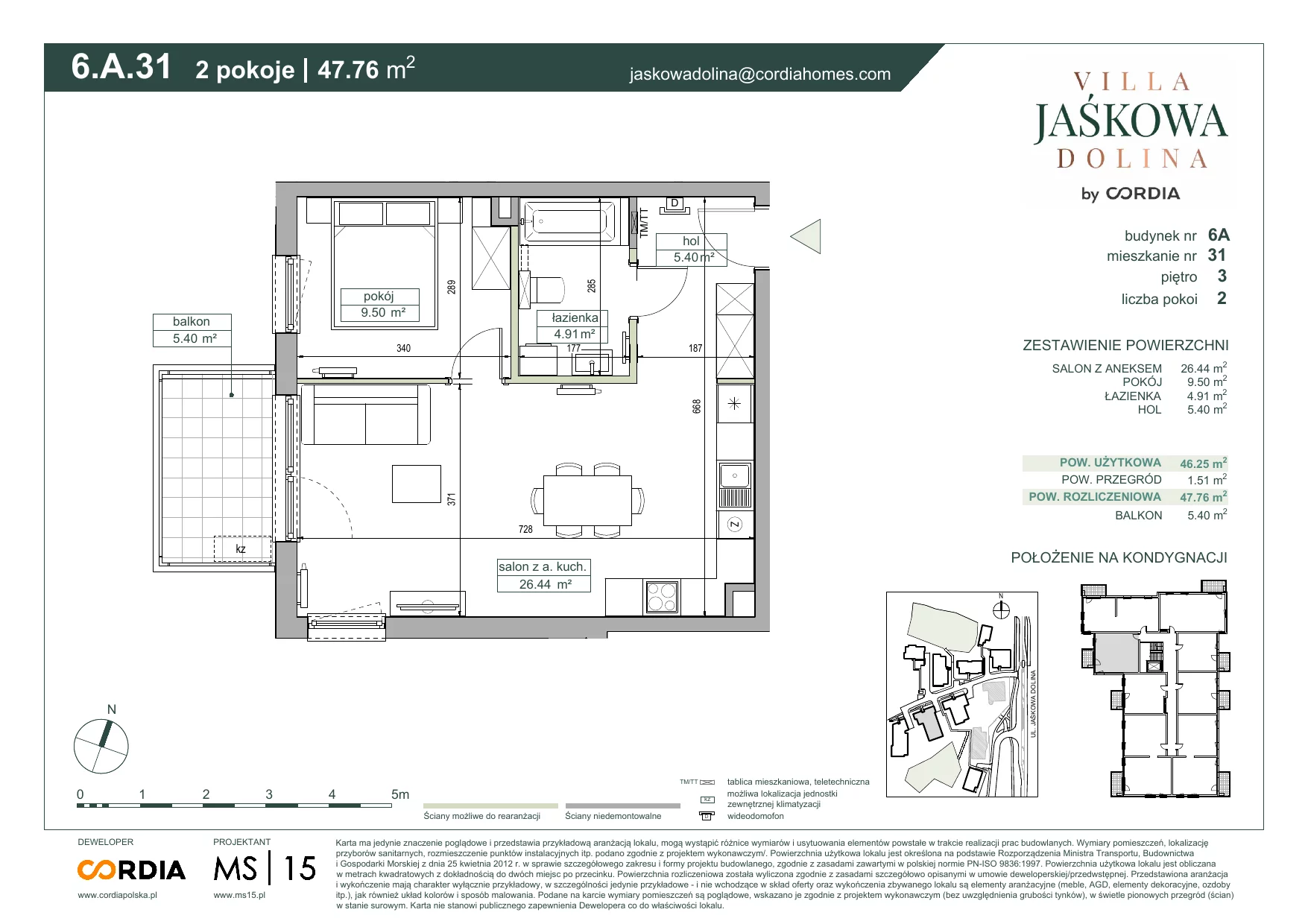 Mieszkanie 47,76 m², piętro 3, oferta nr 6.A.31, Villa Jaśkowa Dolina, Gdańsk, Wrzeszcz, ul. Jaśkowa Dolina