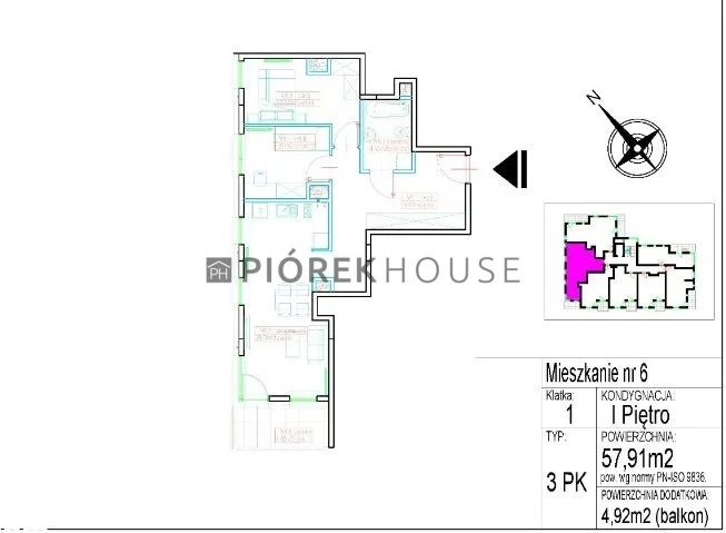 Mieszkanie trzypokojowe 57,91 m², Warszawa, Rembertów, Marsa, Sprzedaż