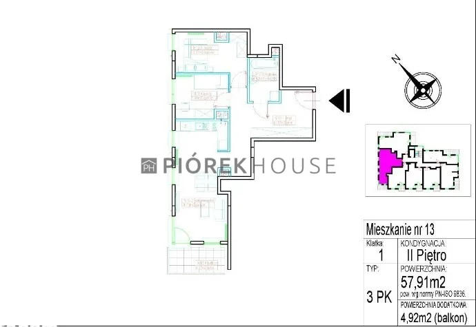 Mieszkanie trzypokojowe 57,91 m², Warszawa, Rembertów, Marsa, Sprzedaż