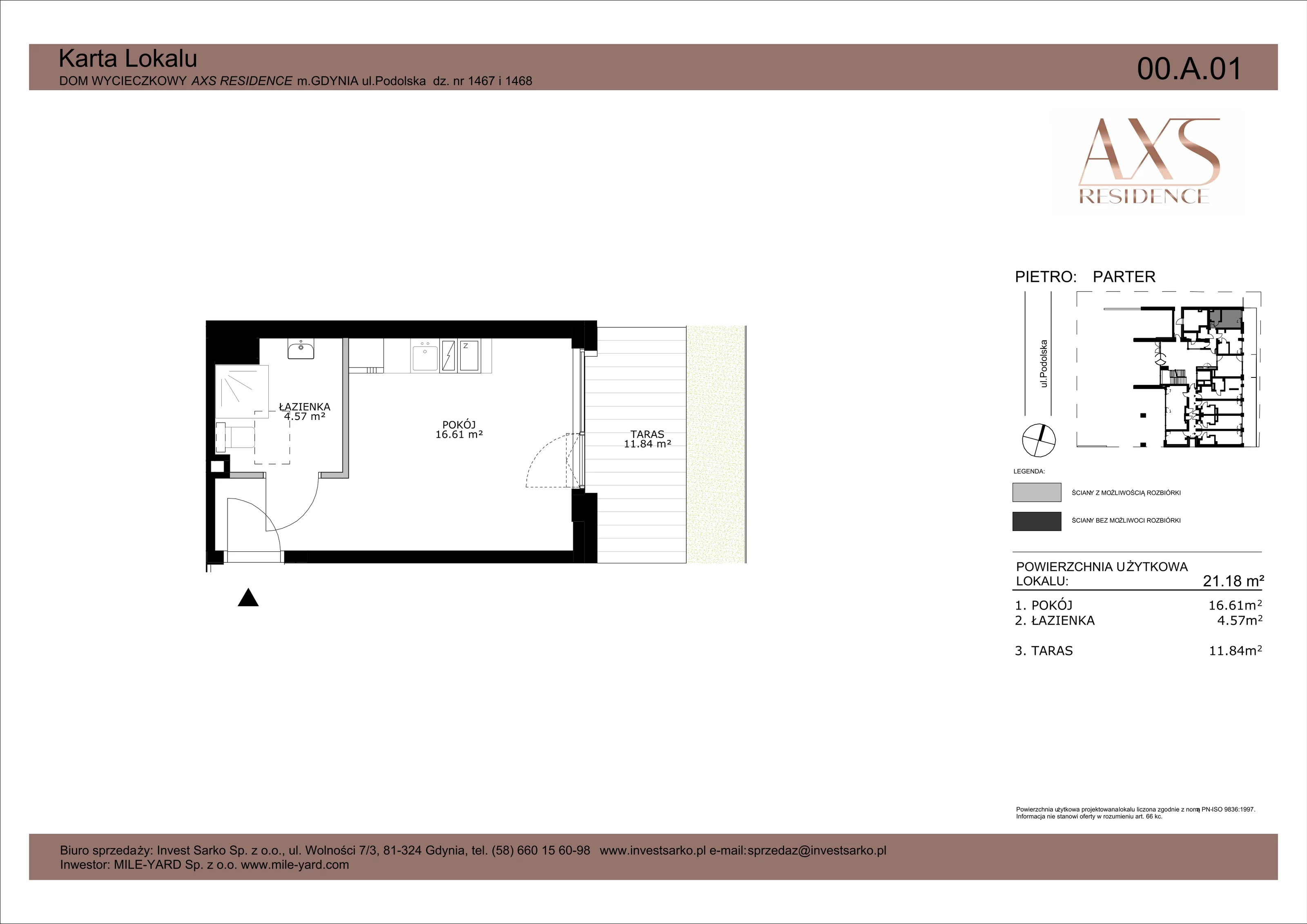 1 pokój, apartament inwestycyjny 21,18 m², parter, oferta nr  00 A 01, AXS Residence, Gdynia, Działki Leśne, Działki Leśne, ul. Podolska