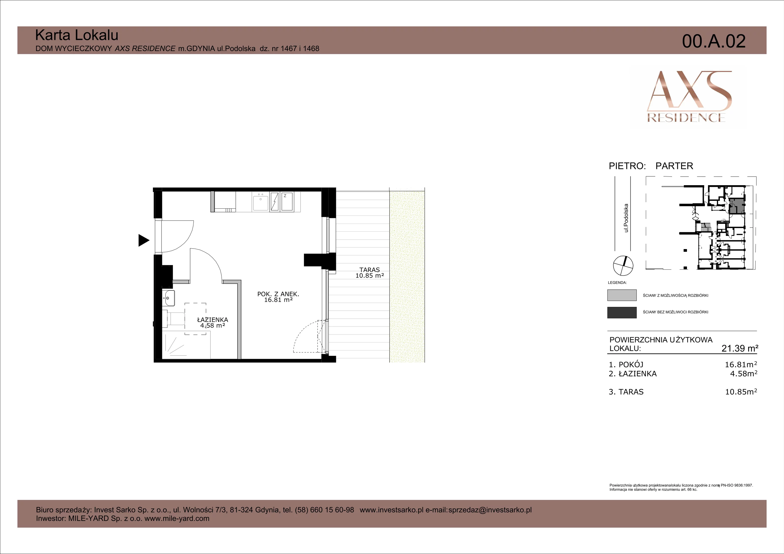 1 pokój, apartament inwestycyjny 21,39 m², parter, oferta nr  00 A 02, AXS Residence, Gdynia, Działki Leśne, Działki Leśne, ul. Podolska