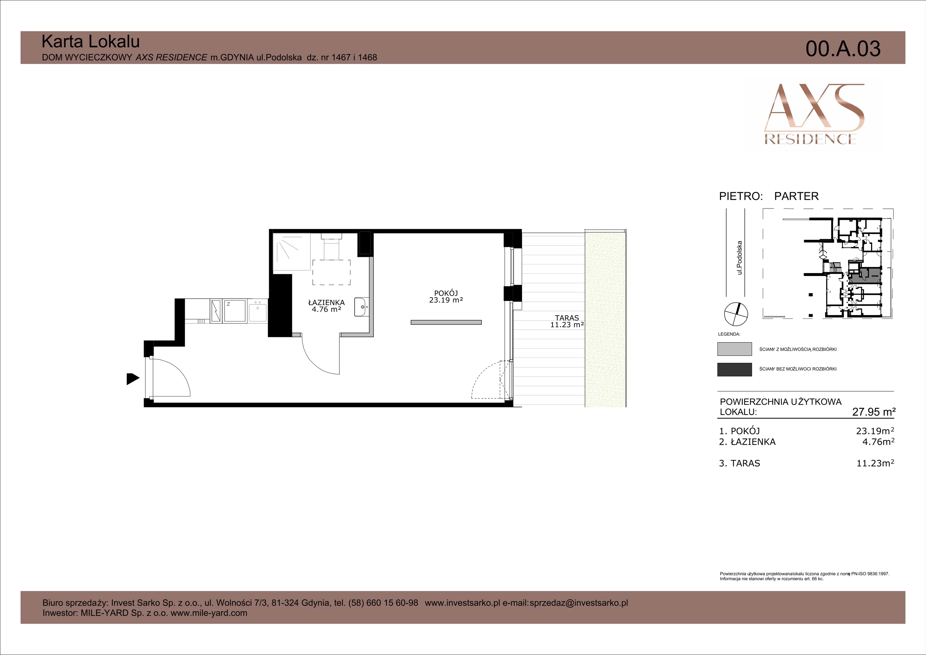 1 pokój, apartament inwestycyjny 27,95 m², parter, oferta nr  00 A 03, AXS Residence, Gdynia, Działki Leśne, Działki Leśne, ul. Podolska