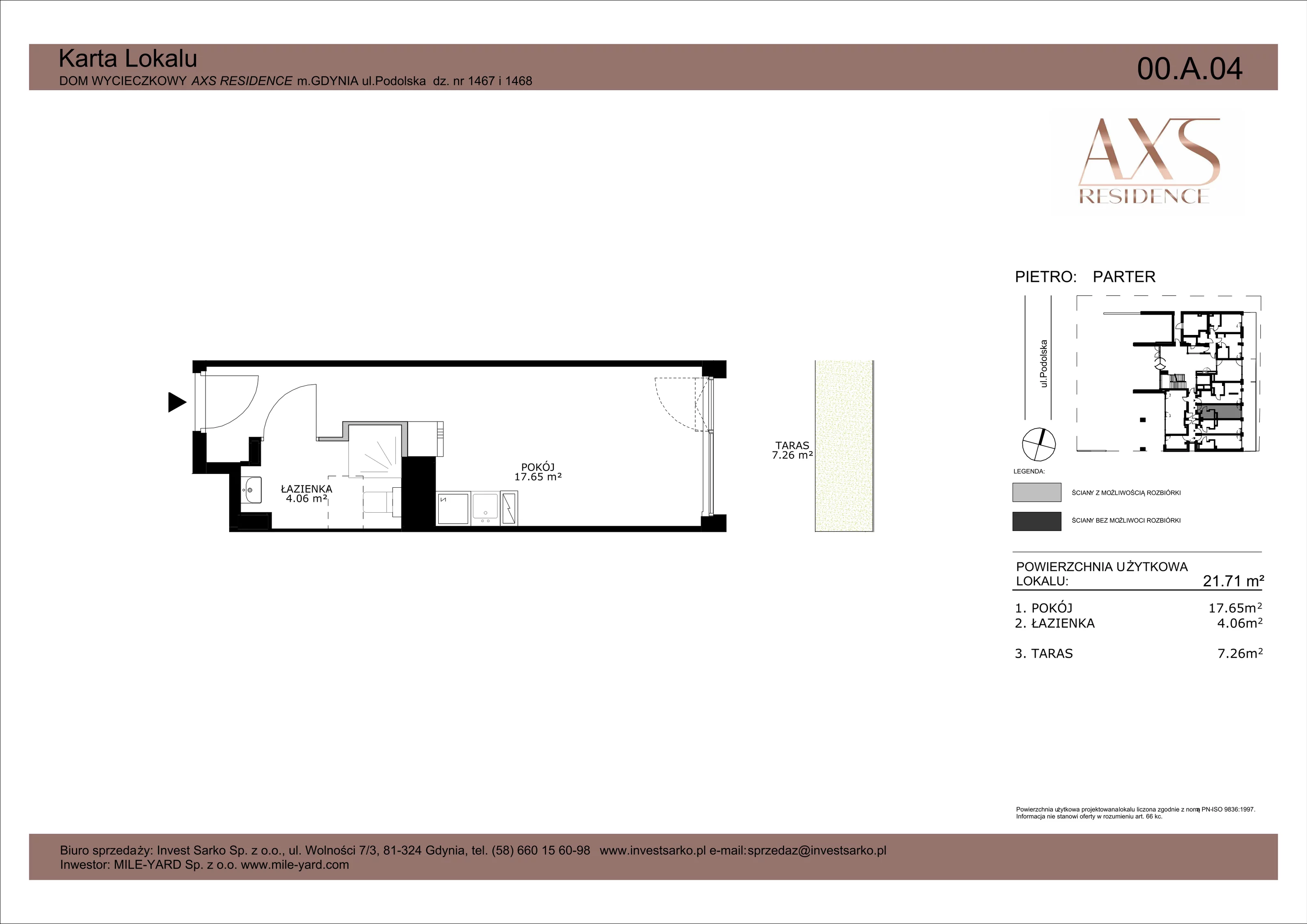 1 pokój, apartament inwestycyjny 21,71 m², parter, oferta nr  00 A 04, AXS Residence, Gdynia, Działki Leśne, Działki Leśne, ul. Podolska