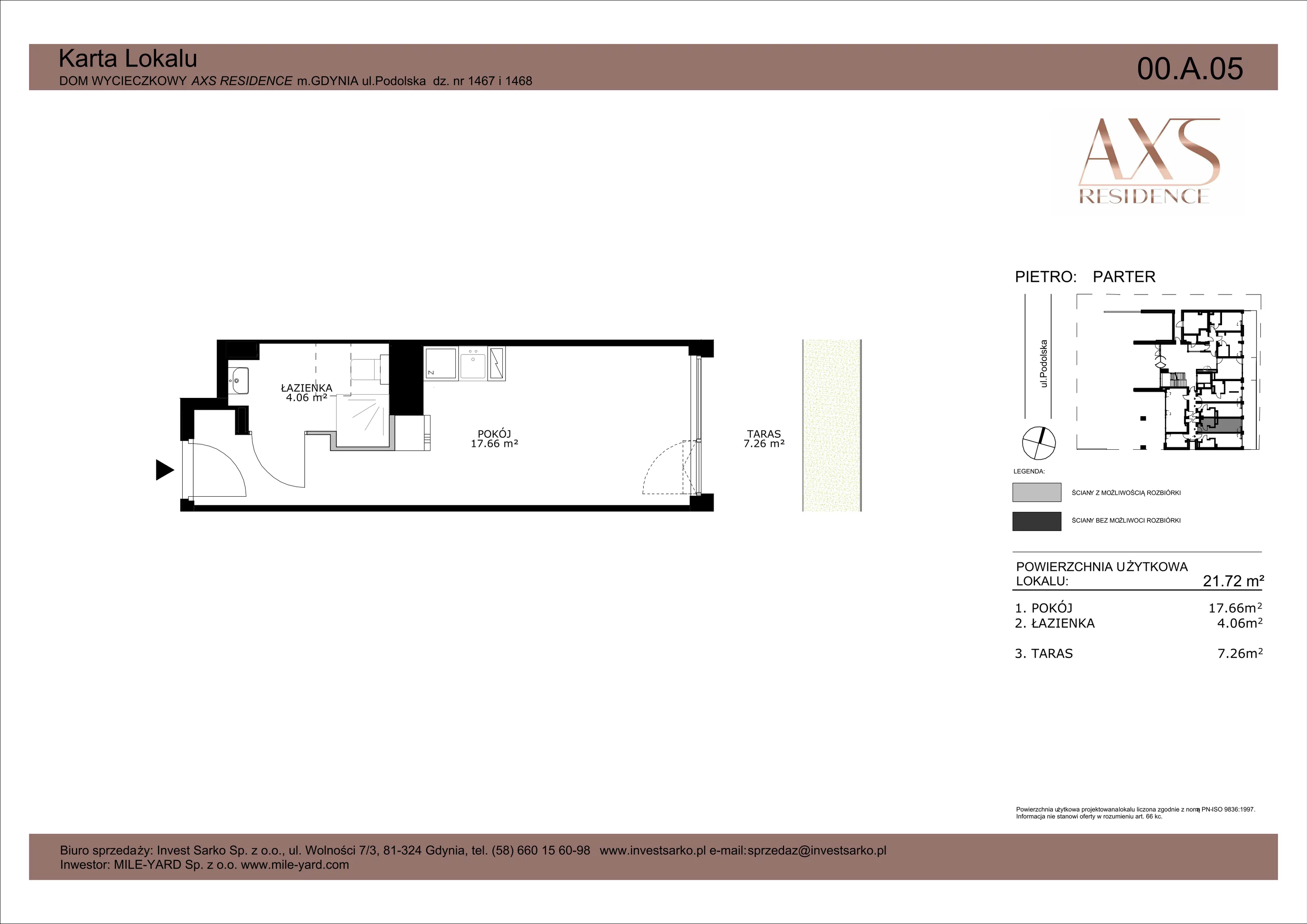 1 pokój, apartament inwestycyjny 21,72 m², parter, oferta nr 00 A 05, AXS Residence, Gdynia, Działki Leśne, Działki Leśne, ul. Podolska