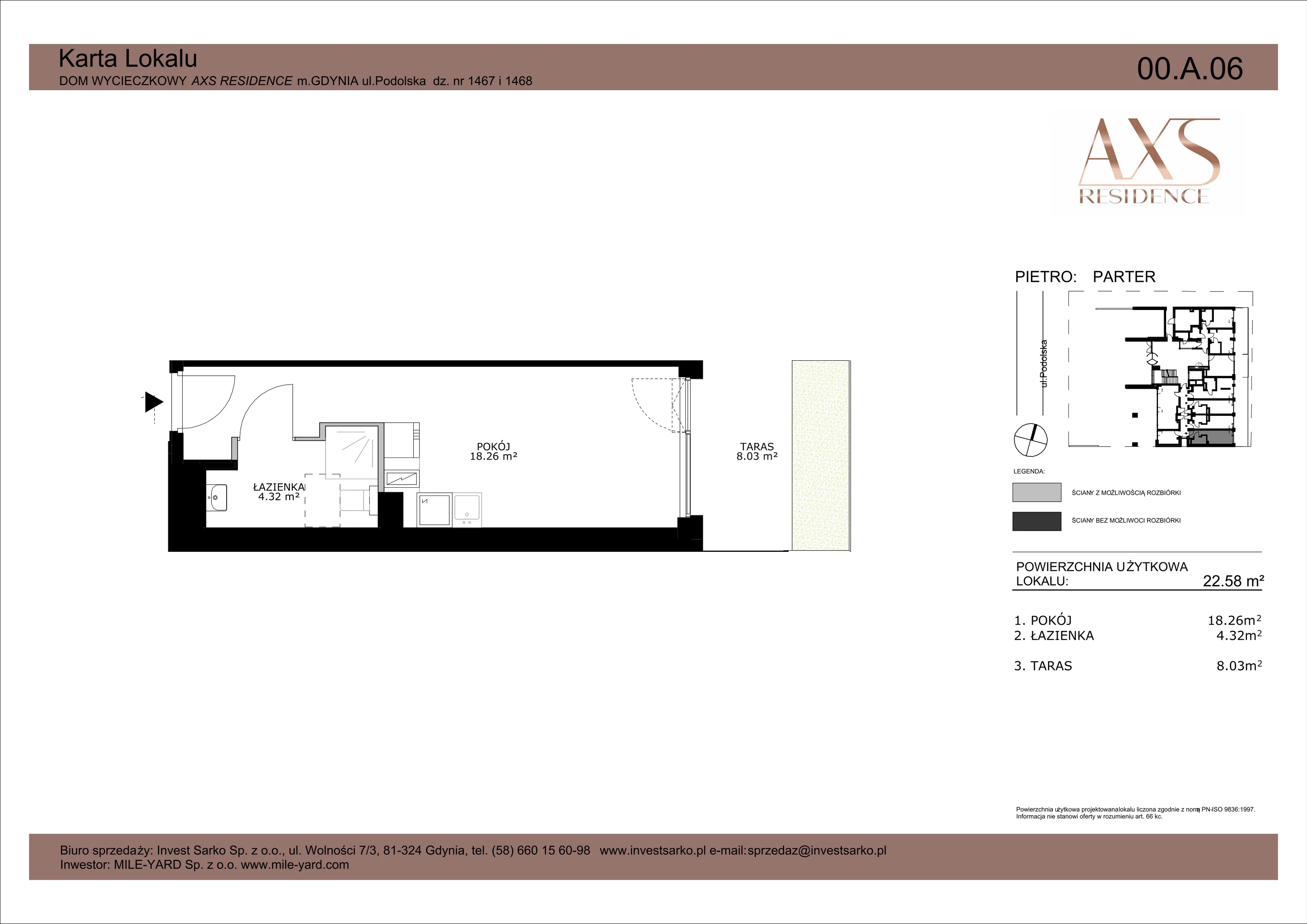 1 pokój, apartament inwestycyjny 22,58 m², parter, oferta nr 00 A 06, AXS Residence, Gdynia, Działki Leśne, Działki Leśne, ul. Podolska