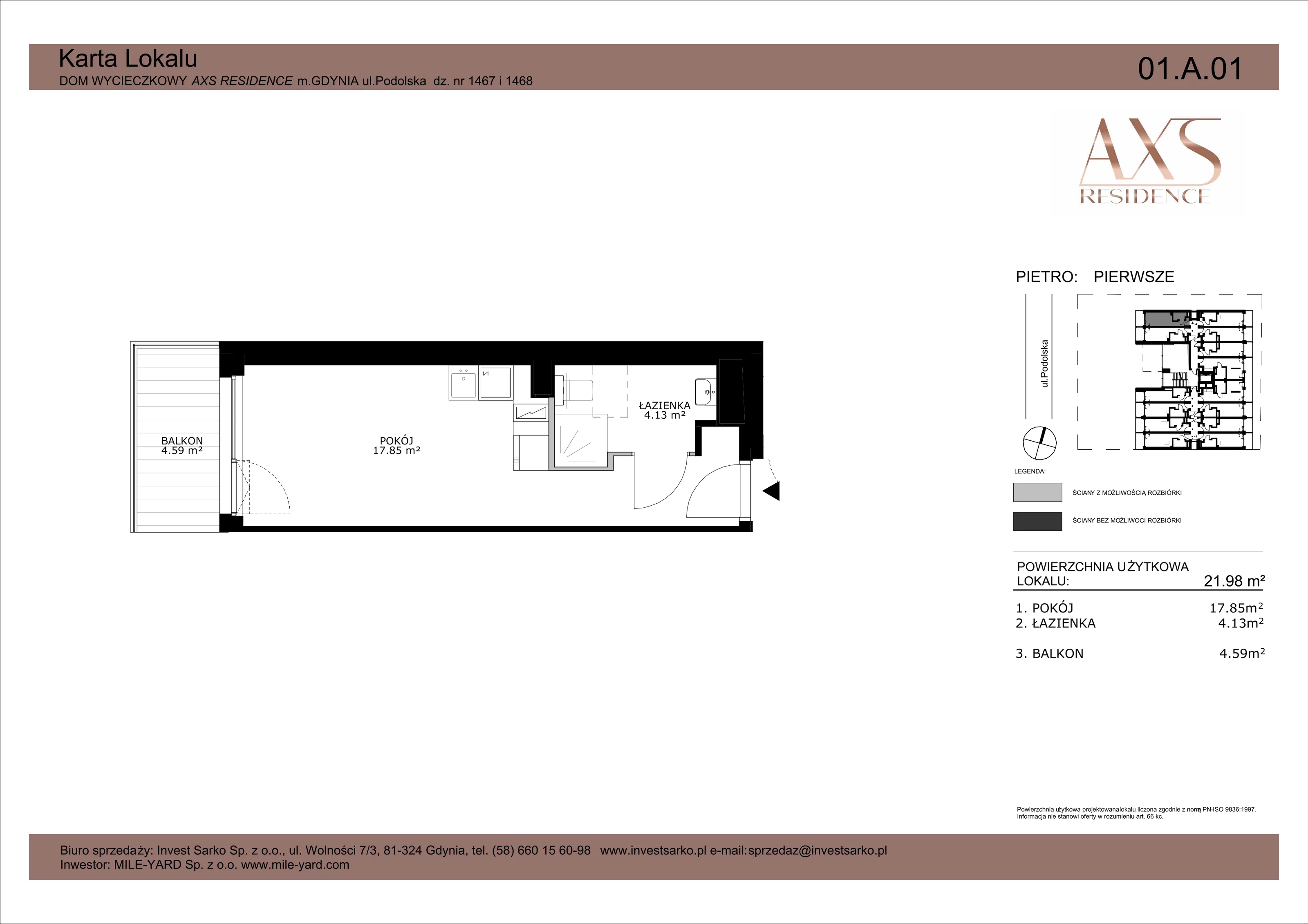 1 pokój, apartament inwestycyjny 21,98 m², piętro 1, oferta nr 01 A 01, AXS Residence, Gdynia, Działki Leśne, Działki Leśne, ul. Podolska