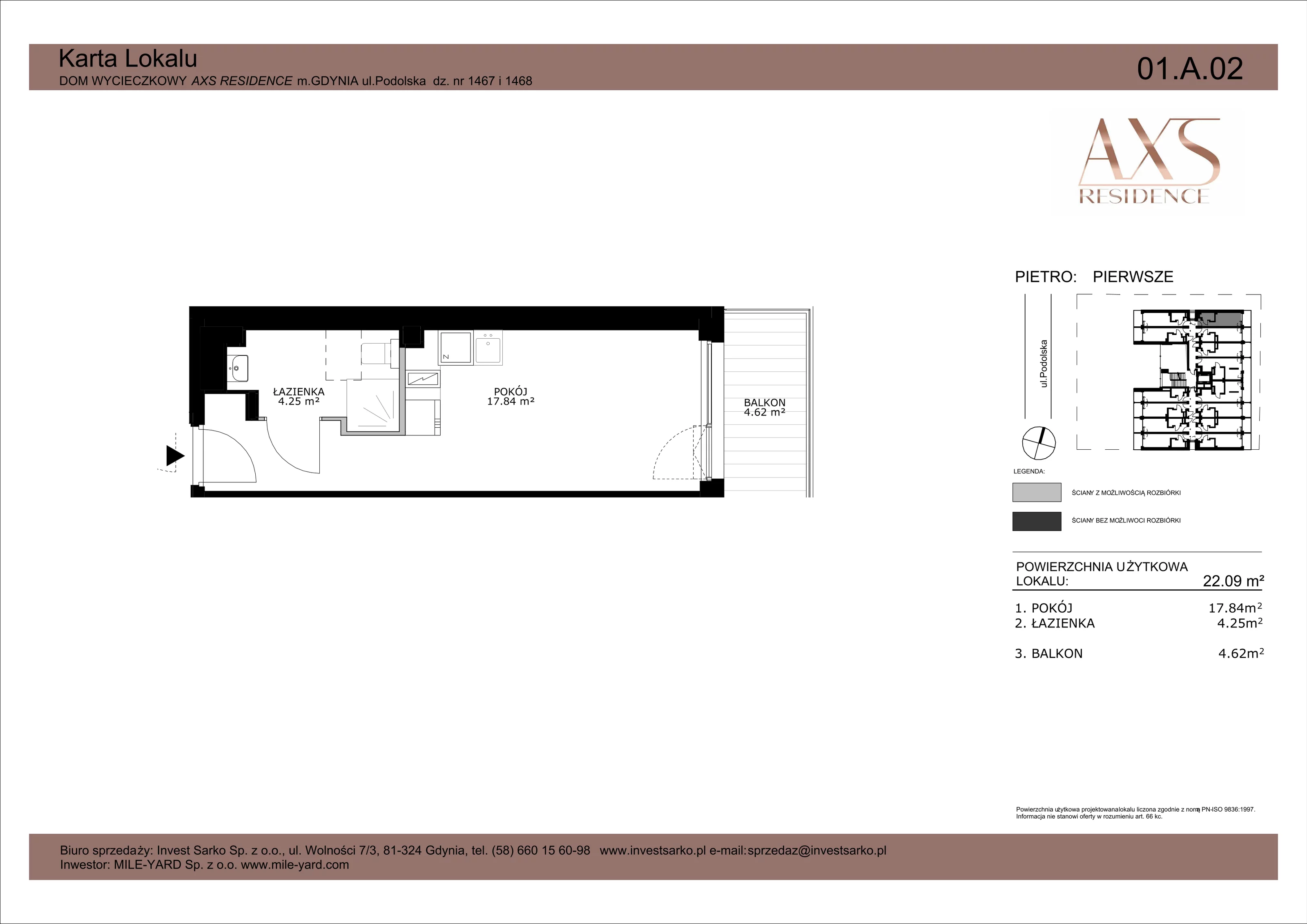 1 pokój, apartament inwestycyjny 22,09 m², piętro 1, oferta nr 01 A 02, AXS Residence, Gdynia, Działki Leśne, Działki Leśne, ul. Podolska