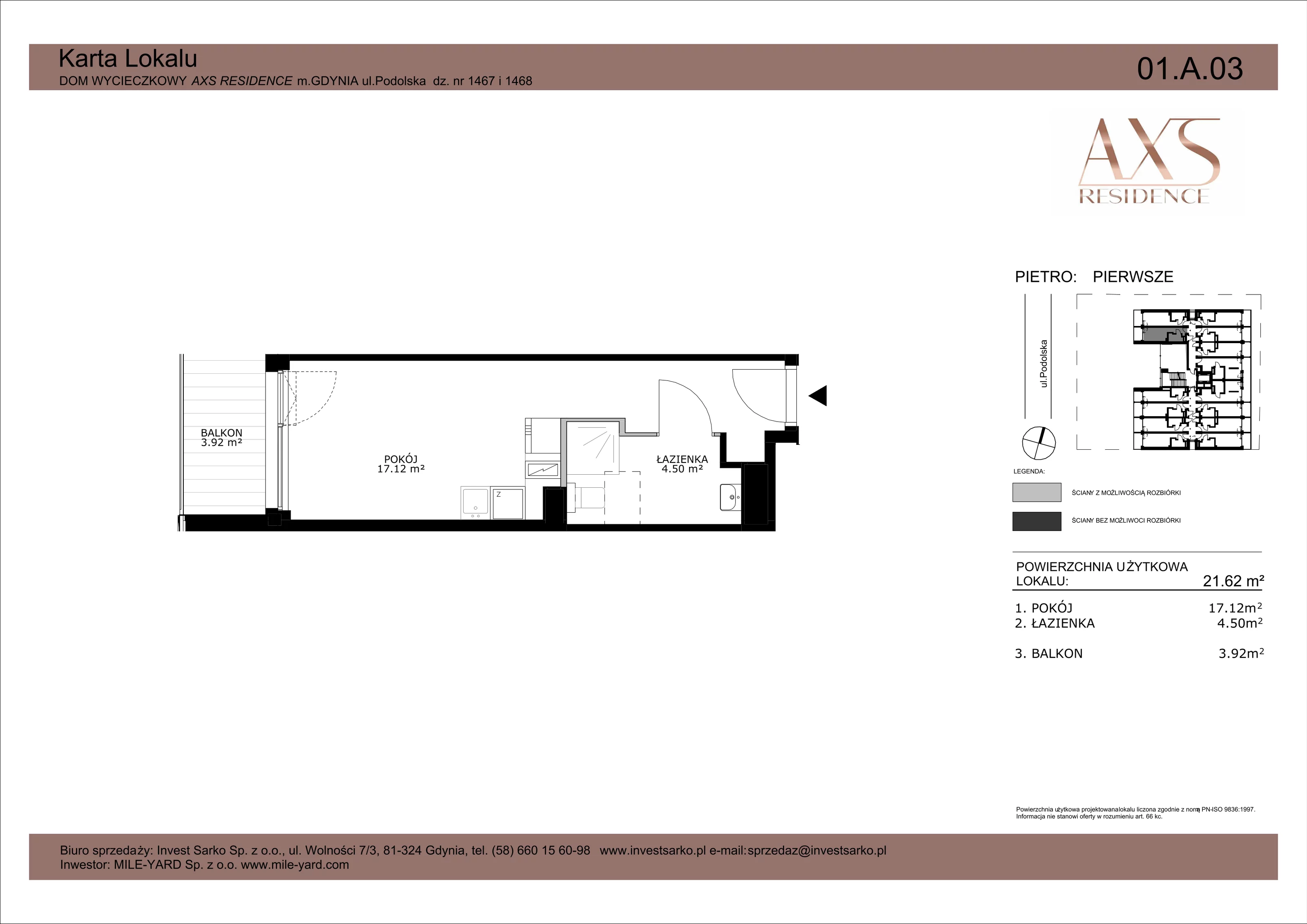 1 pokój, apartament inwestycyjny 21,62 m², piętro 1, oferta nr 01 A 03, AXS Residence, Gdynia, Działki Leśne, Działki Leśne, ul. Podolska