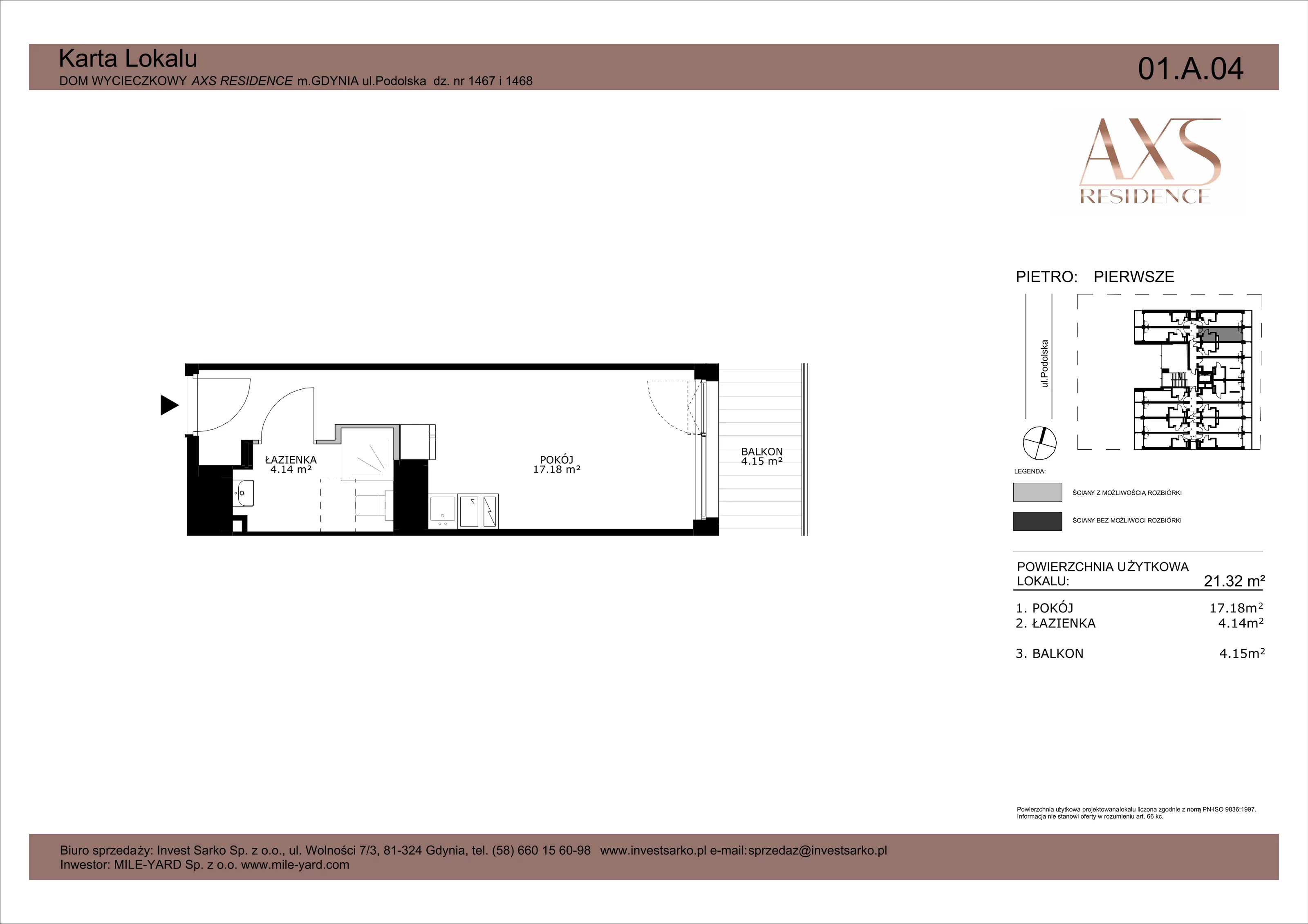 Apartament inwestycyjny 21,32 m², piętro 1, oferta nr 01 A 04, AXS Residence, Gdynia, Działki Leśne, Działki Leśne, ul. Podolska