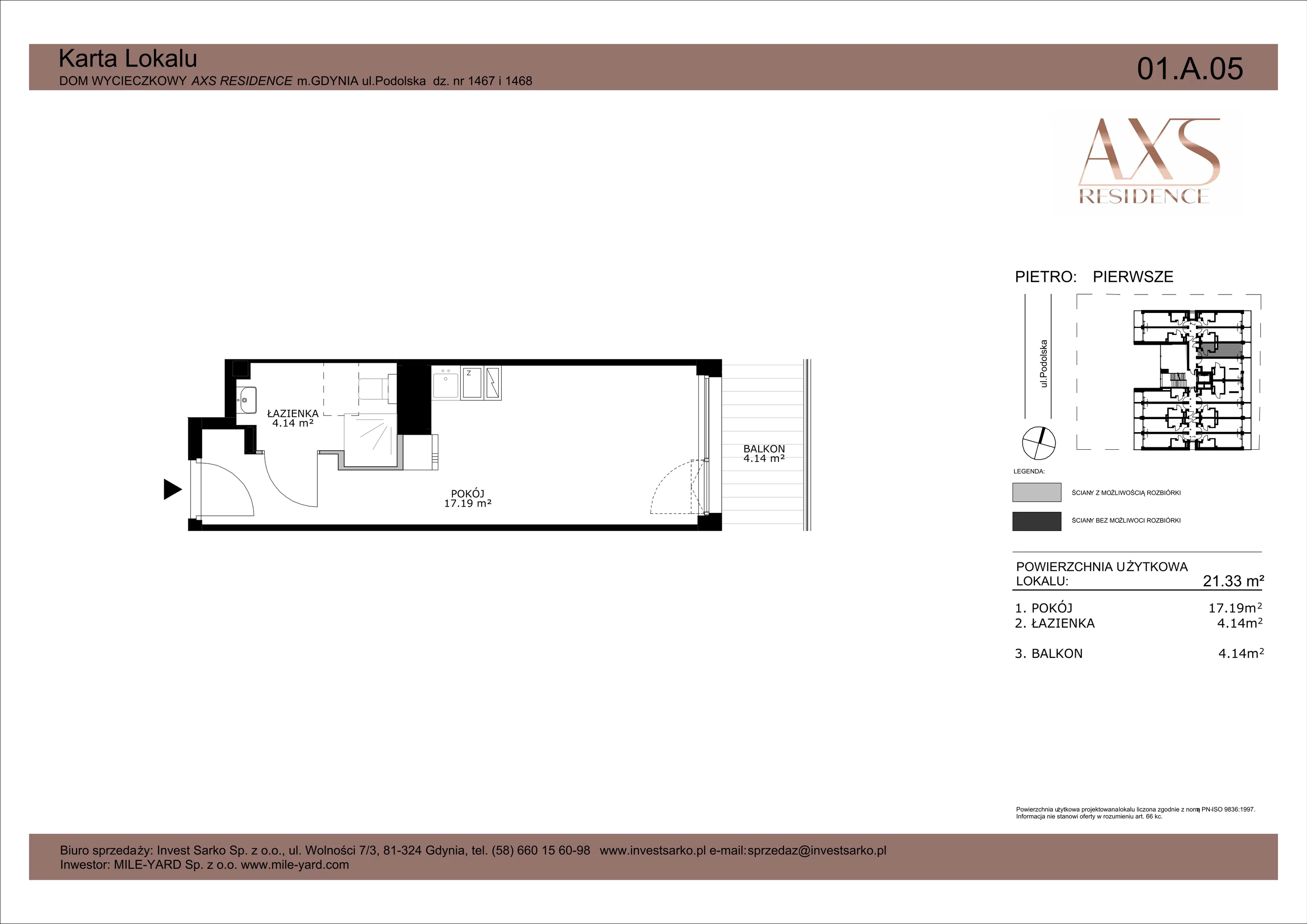 Apartament inwestycyjny 21,33 m², piętro 1, oferta nr 01 A 05, AXS Residence, Gdynia, Działki Leśne, Działki Leśne, ul. Podolska