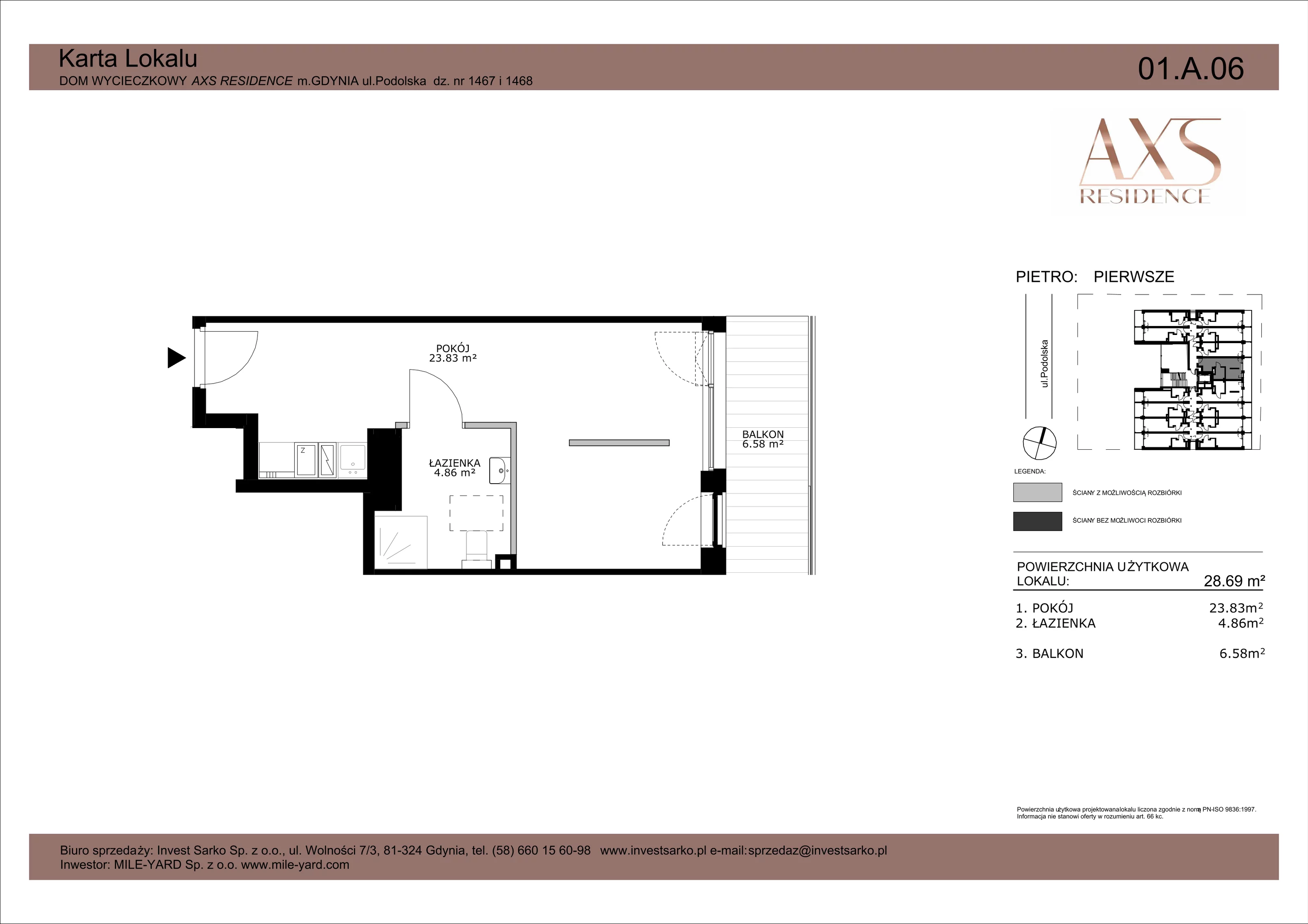 1 pokój, apartament inwestycyjny 28,69 m², piętro 1, oferta nr 01 A 06, AXS Residence, Gdynia, Działki Leśne, Działki Leśne, ul. Podolska