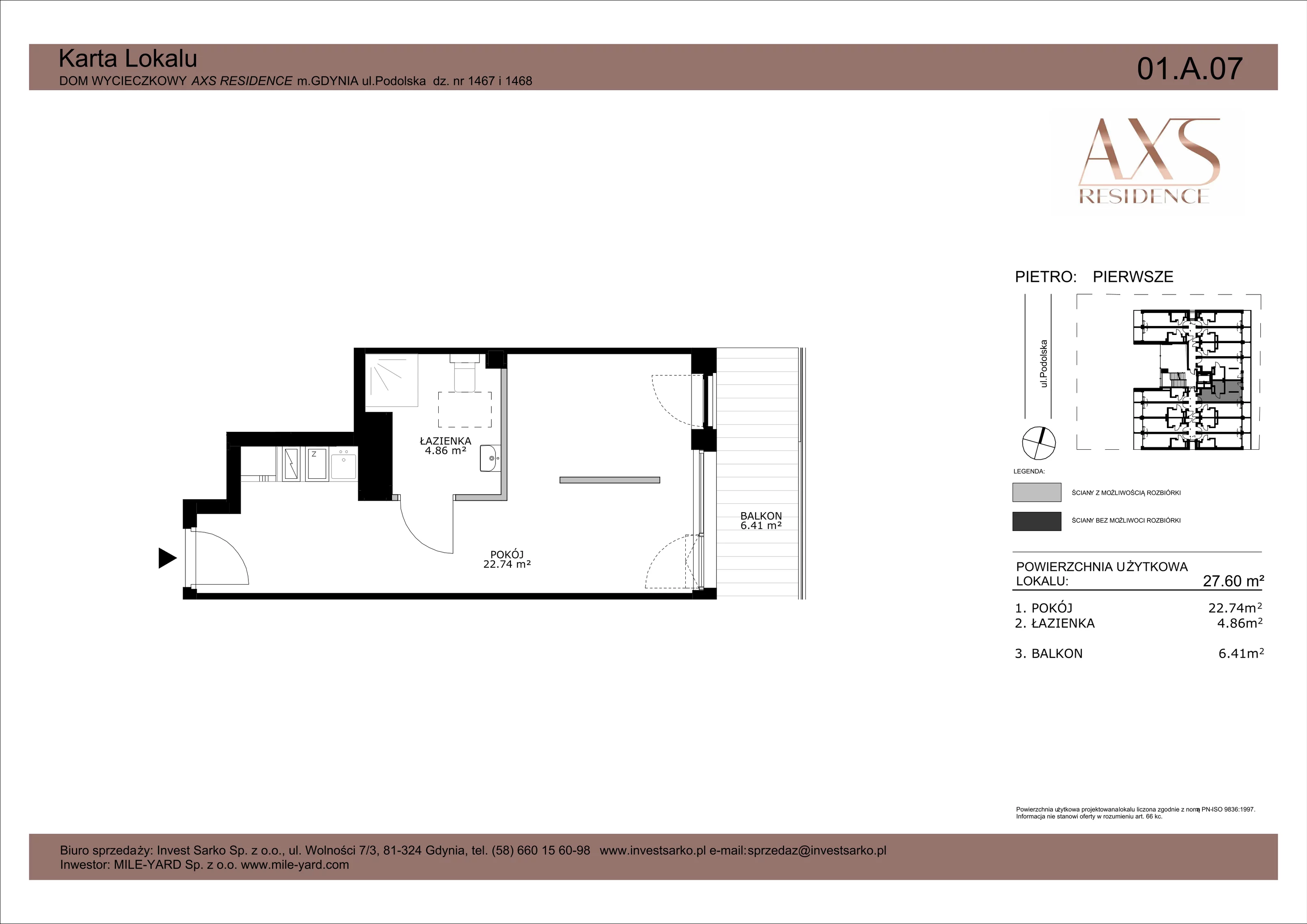 1 pokój, apartament inwestycyjny 27,60 m², piętro 1, oferta nr 01 A 07, AXS Residence, Gdynia, Działki Leśne, Działki Leśne, ul. Podolska