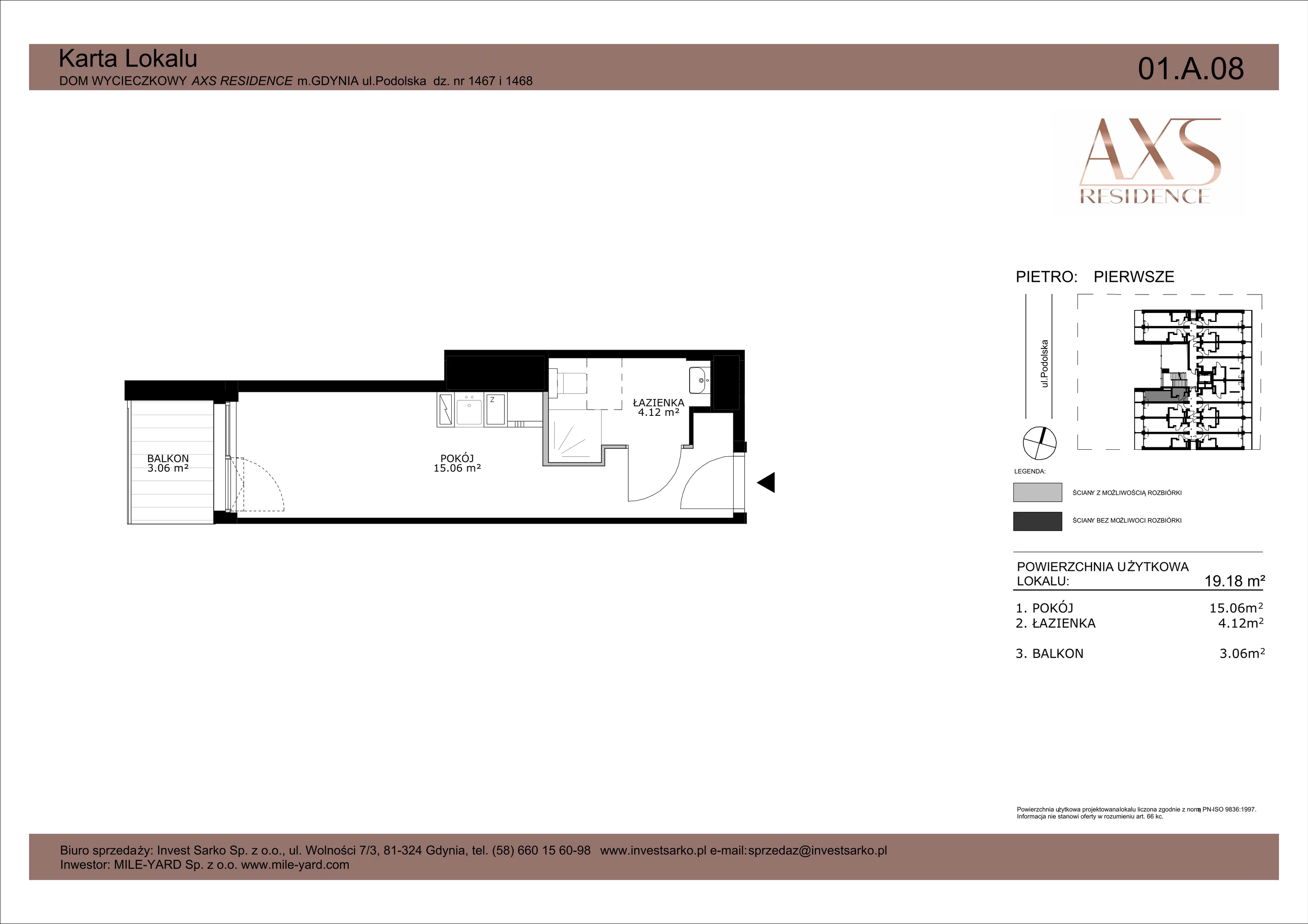 Apartament inwestycyjny 19,18 m², piętro 1, oferta nr 01 A 08, AXS Residence, Gdynia, Działki Leśne, Działki Leśne, ul. Podolska