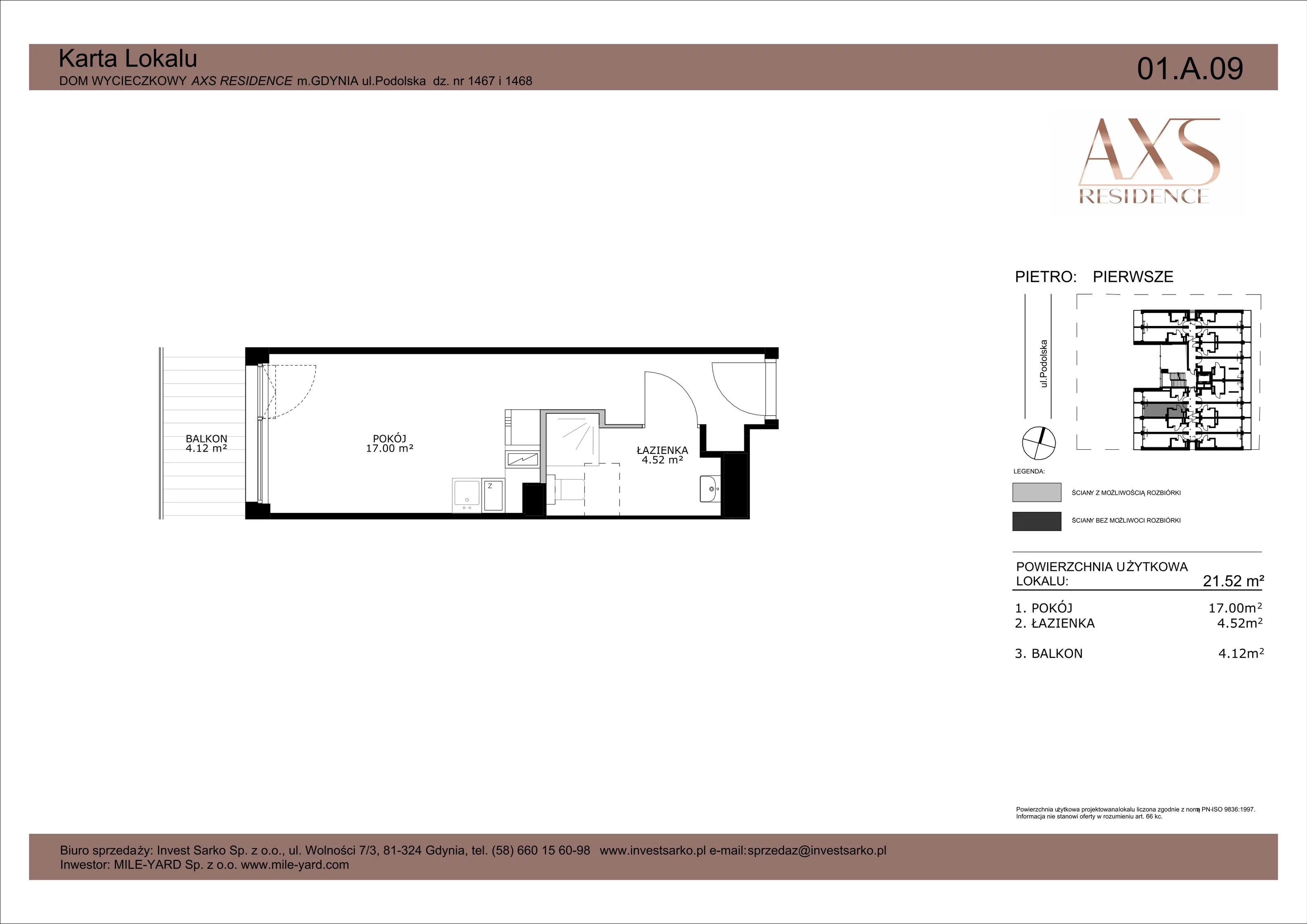 1 pokój, apartament inwestycyjny 21,52 m², piętro 1, oferta nr 01 A 09, AXS Residence, Gdynia, Działki Leśne, Działki Leśne, ul. Podolska