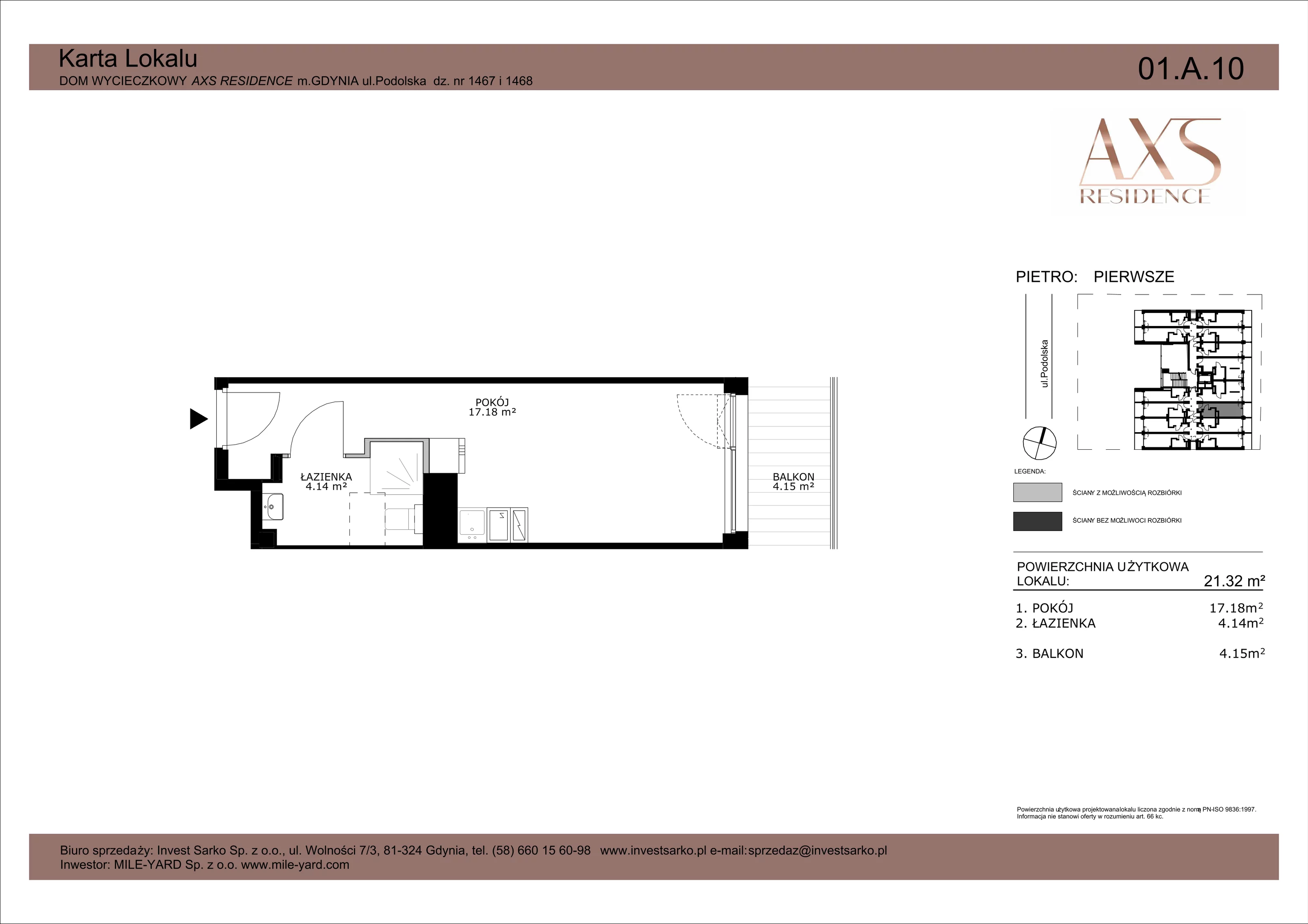 1 pokój, apartament inwestycyjny 21,32 m², piętro 1, oferta nr 01 A 10, AXS Residence, Gdynia, Działki Leśne, Działki Leśne, ul. Podolska