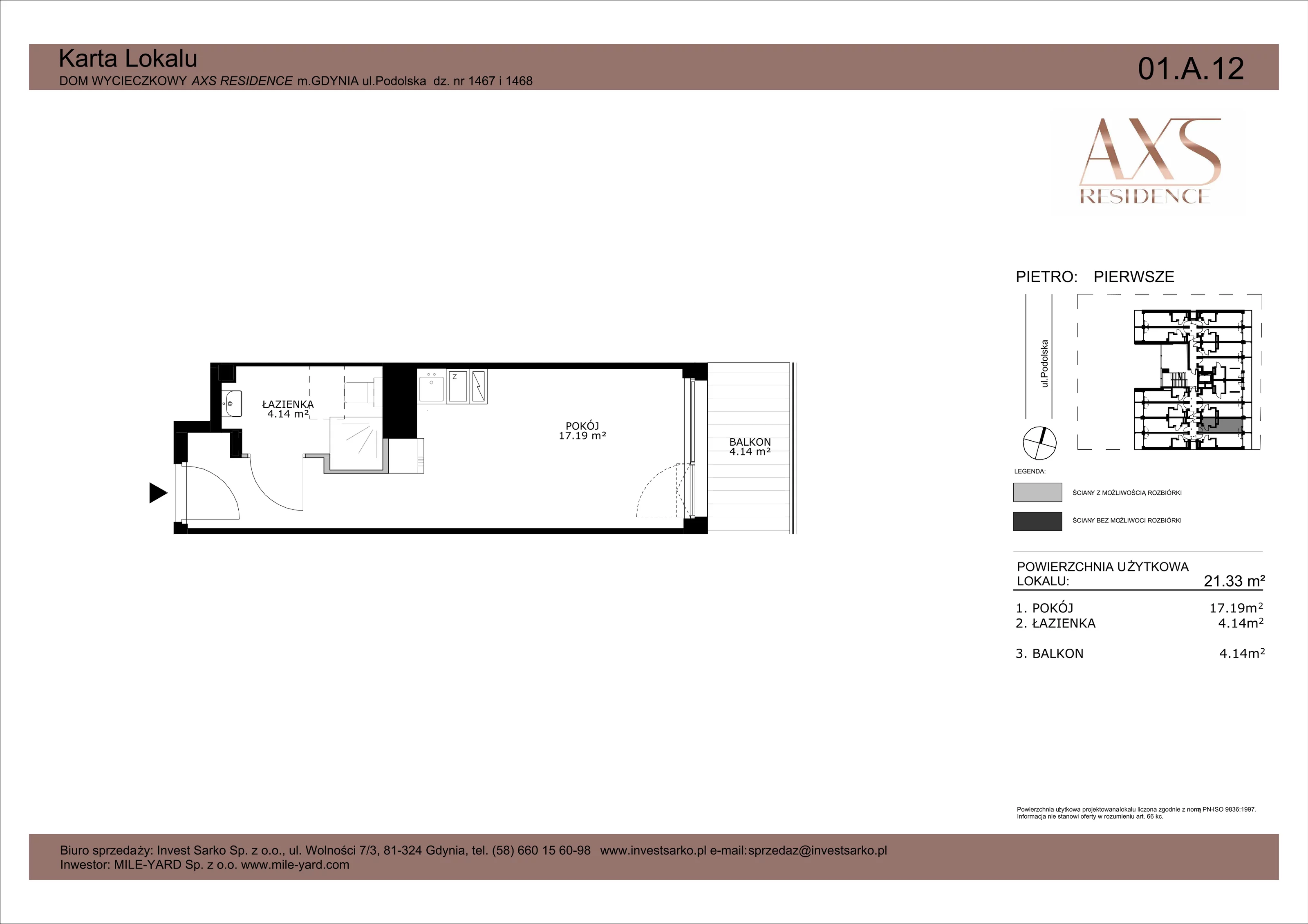 Apartament inwestycyjny 21,33 m², piętro 1, oferta nr 01 A 12, AXS Residence, Gdynia, Działki Leśne, Działki Leśne, ul. Podolska