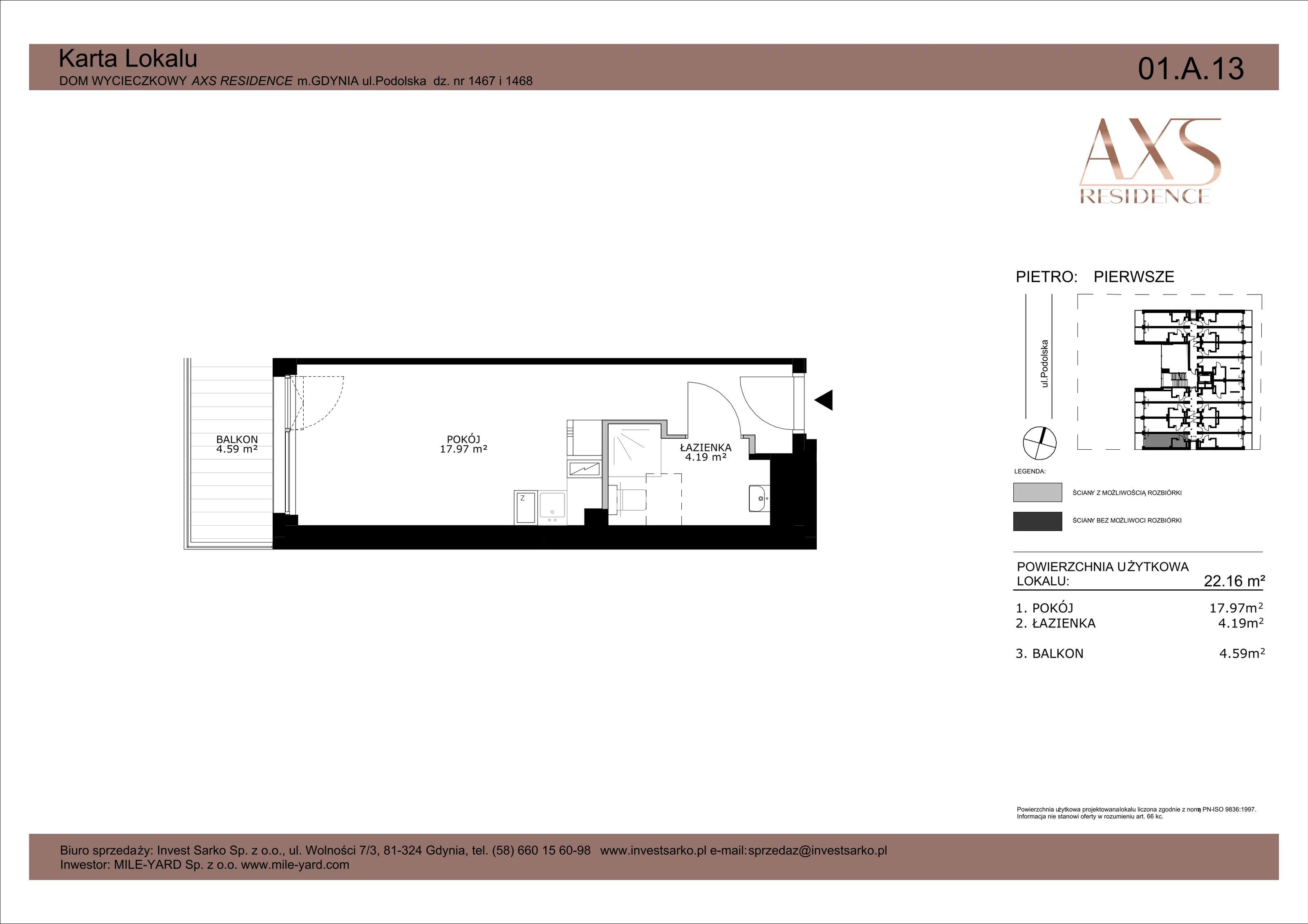 1 pokój, apartament inwestycyjny 22,16 m², piętro 1, oferta nr 01 A 13, AXS Residence, Gdynia, Działki Leśne, Działki Leśne, ul. Podolska