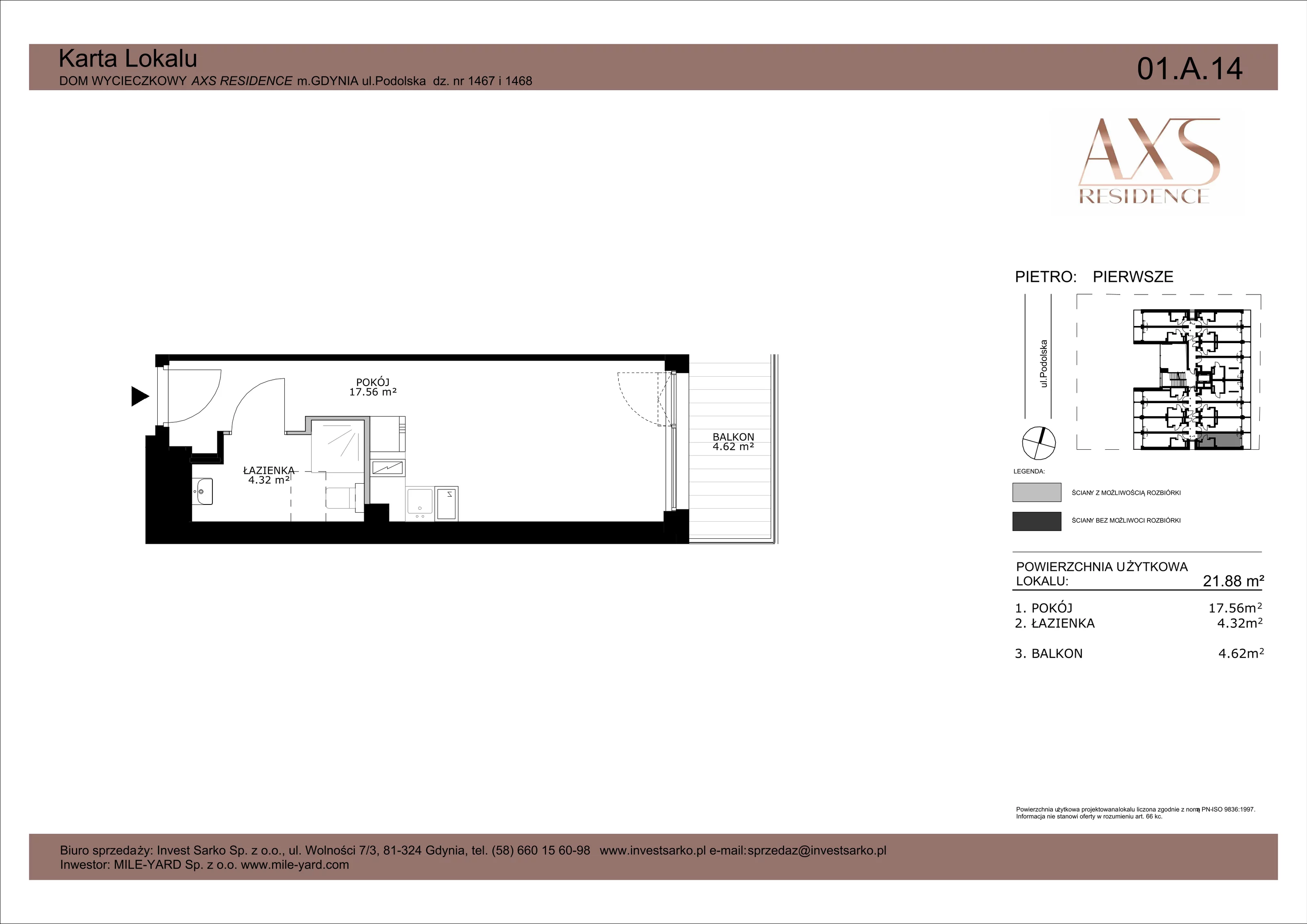 1 pokój, apartament inwestycyjny 21,88 m², piętro 1, oferta nr 01 A 14, AXS Residence, Gdynia, Działki Leśne, Działki Leśne, ul. Podolska