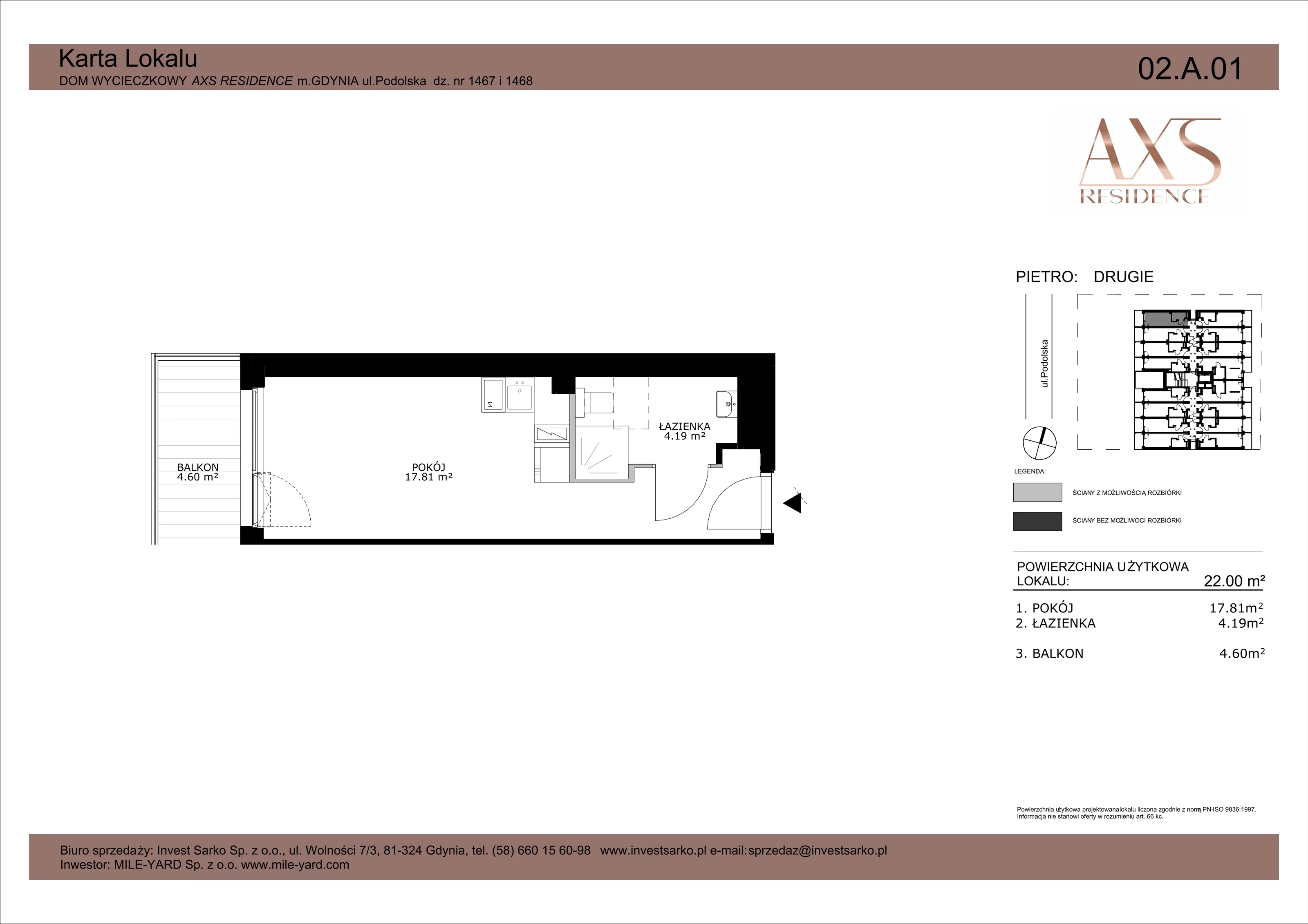 1 pokój, apartament inwestycyjny 22,00 m², piętro 2, oferta nr 02 A 01, AXS Residence, Gdynia, Działki Leśne, Działki Leśne, ul. Podolska