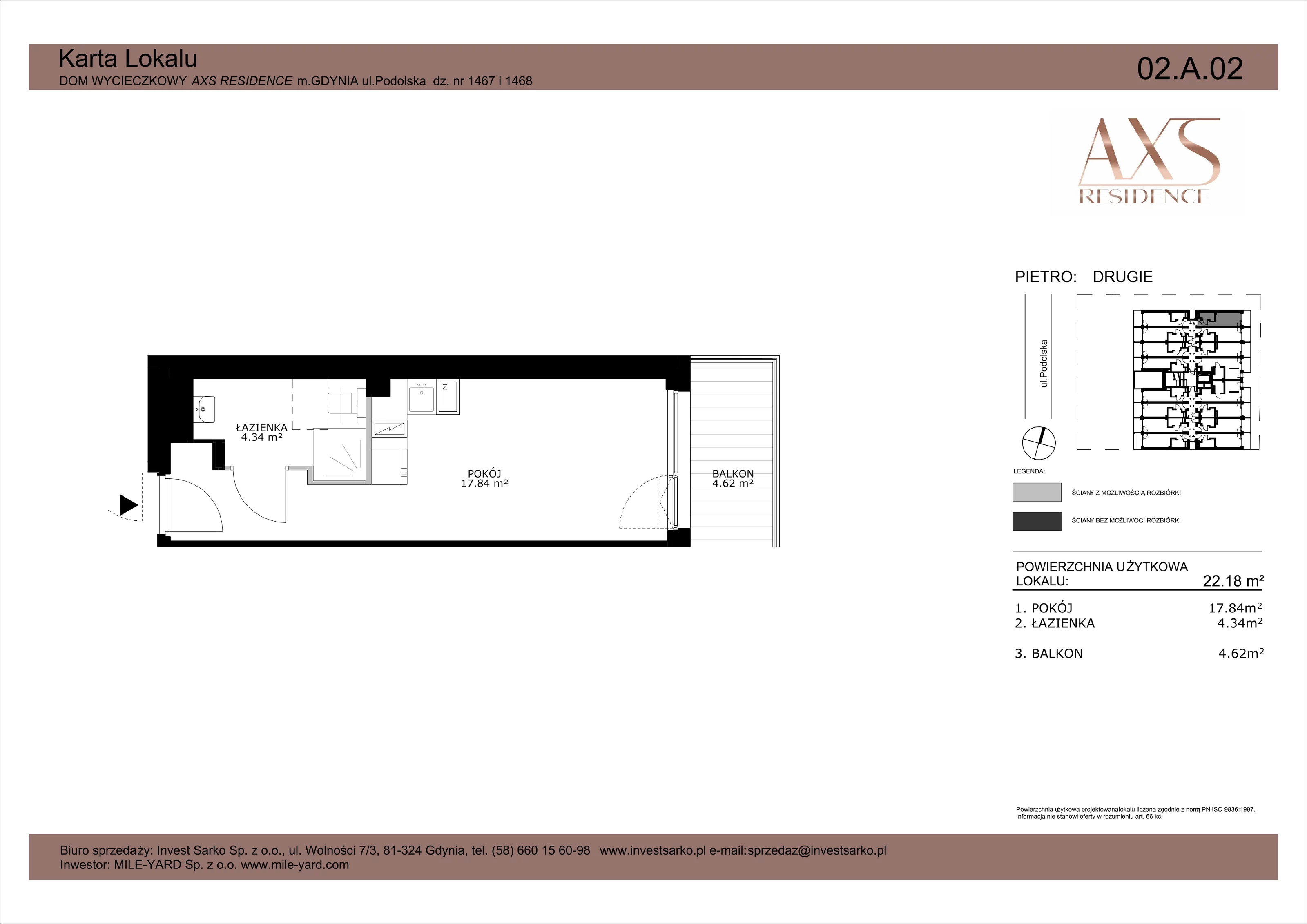 1 pokój, apartament inwestycyjny 22,18 m², piętro 2, oferta nr 02 A 02, AXS Residence, Gdynia, Działki Leśne, Działki Leśne, ul. Podolska