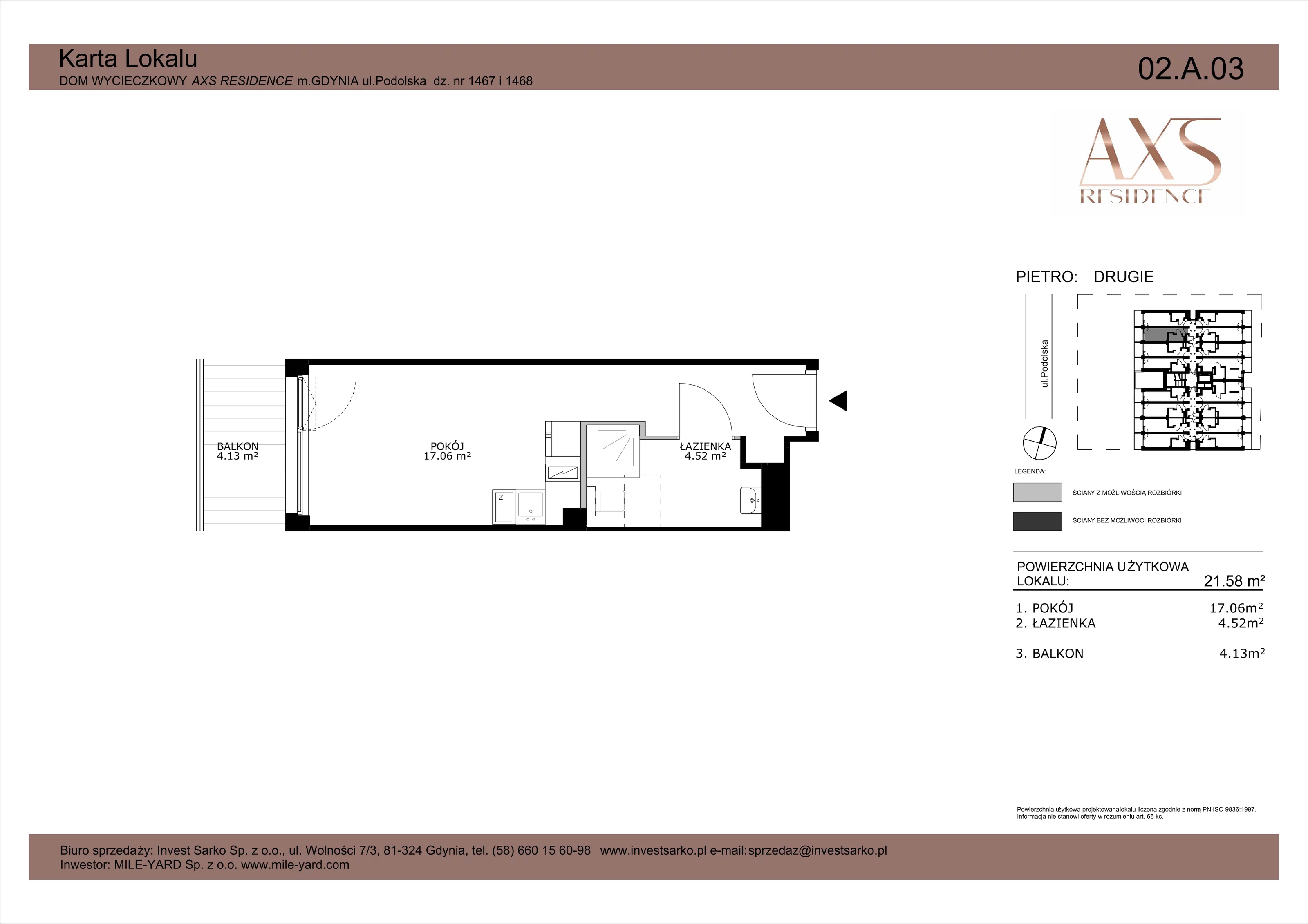 1 pokój, apartament inwestycyjny 21,58 m², piętro 2, oferta nr 02 A 03, AXS Residence, Gdynia, Działki Leśne, Działki Leśne, ul. Podolska