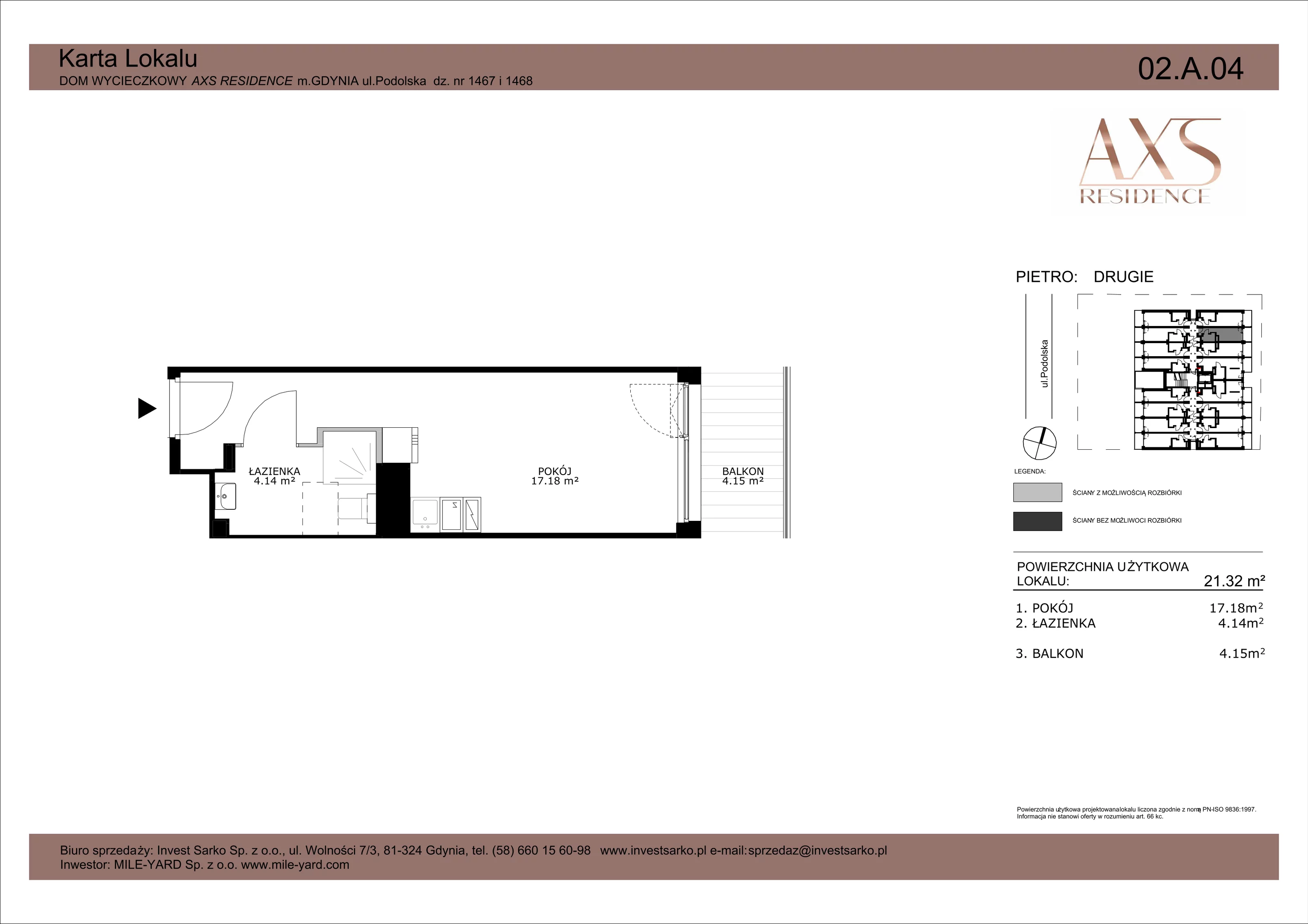 Apartament inwestycyjny 21,32 m², piętro 2, oferta nr 02 A 04, AXS Residence, Gdynia, Działki Leśne, Działki Leśne, ul. Podolska