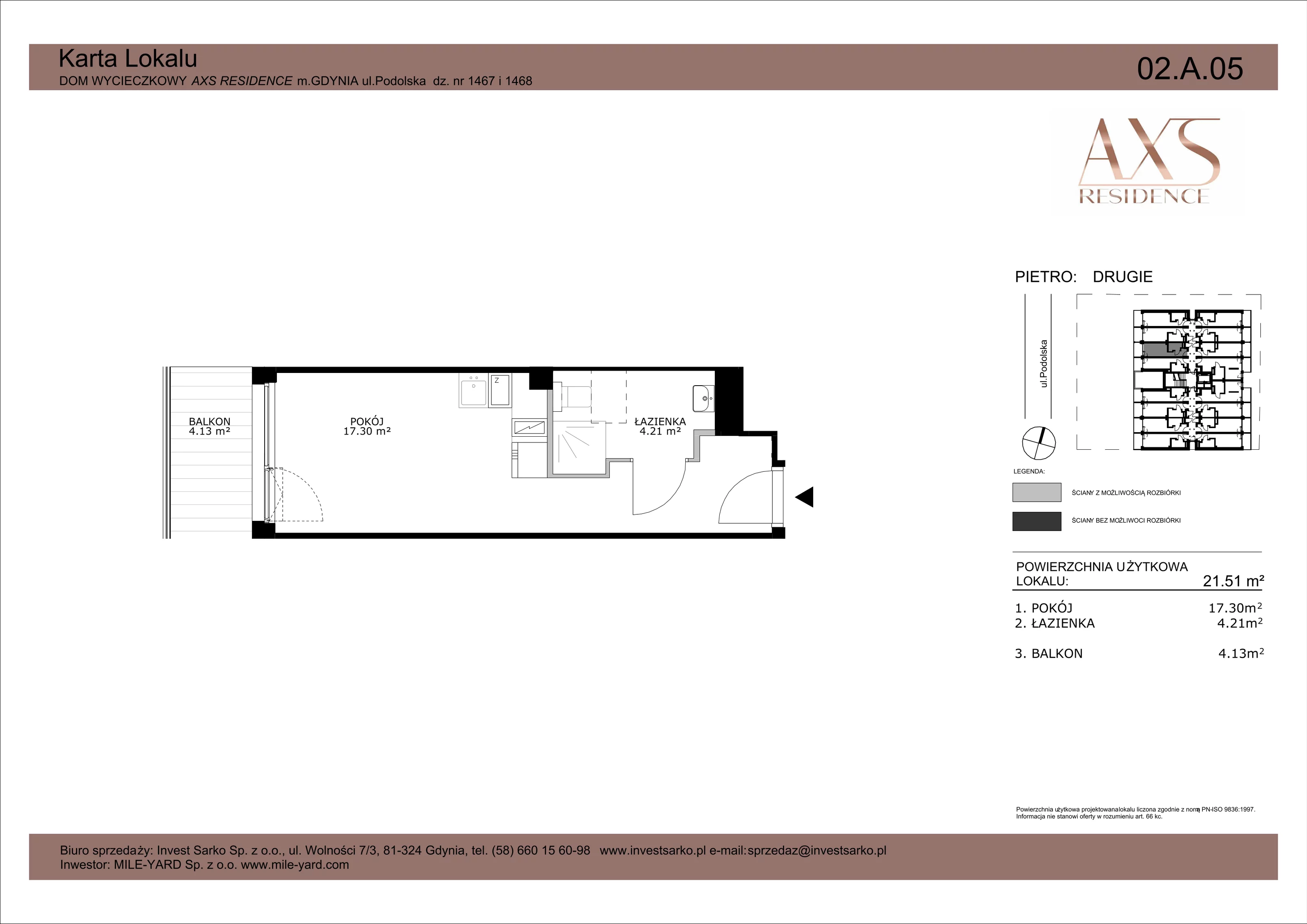 1 pokój, apartament inwestycyjny 21,51 m², piętro 2, oferta nr 02 A 05, AXS Residence, Gdynia, Działki Leśne, Działki Leśne, ul. Podolska