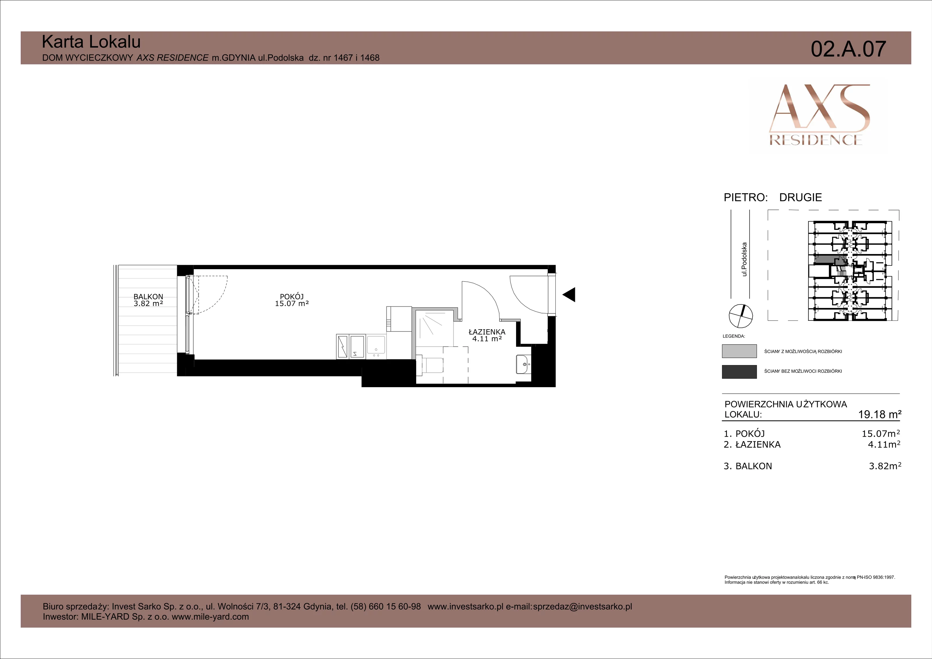 Apartament inwestycyjny 19,18 m², piętro 2, oferta nr 02 A 07, AXS Residence, Gdynia, Działki Leśne, Działki Leśne, ul. Podolska