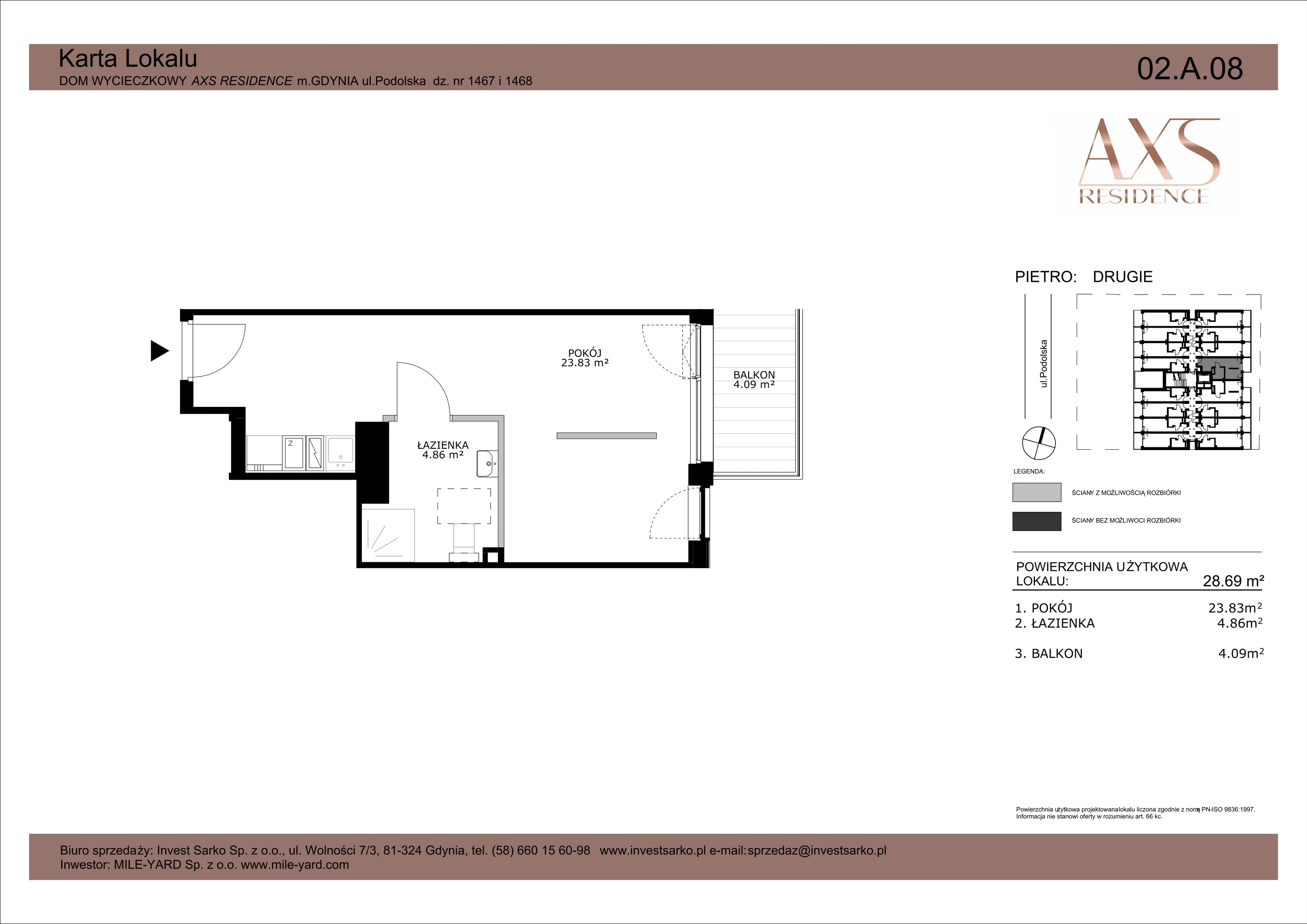 1 pokój, apartament inwestycyjny 28,69 m², piętro 2, oferta nr 02 A 08, AXS Residence, Gdynia, Działki Leśne, Działki Leśne, ul. Podolska