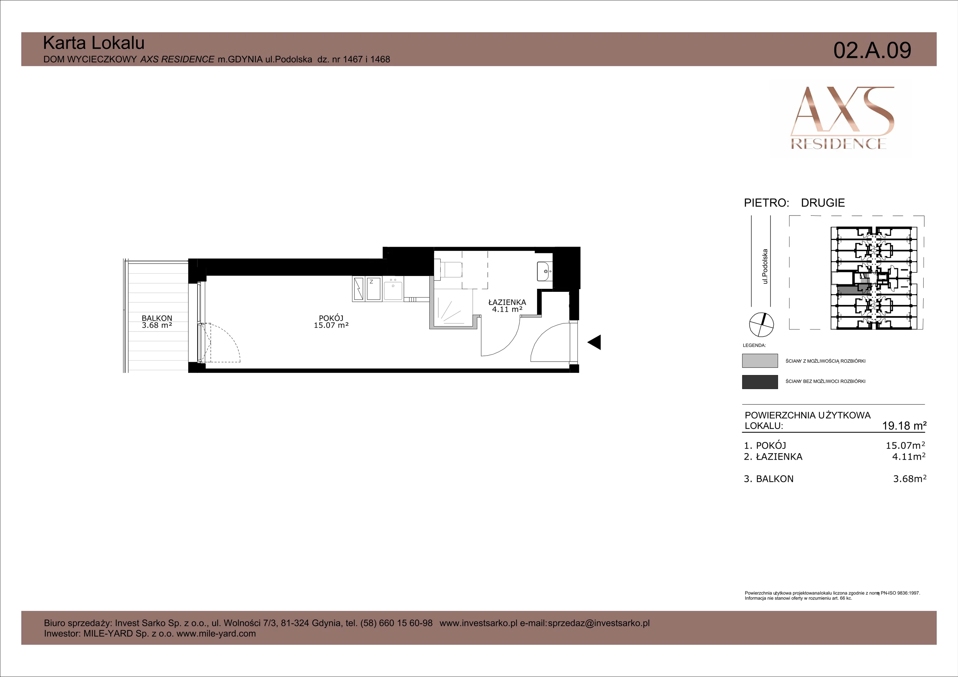 Apartament inwestycyjny 19,18 m², piętro 2, oferta nr 02 A 09, AXS Residence, Gdynia, Działki Leśne, Działki Leśne, ul. Podolska