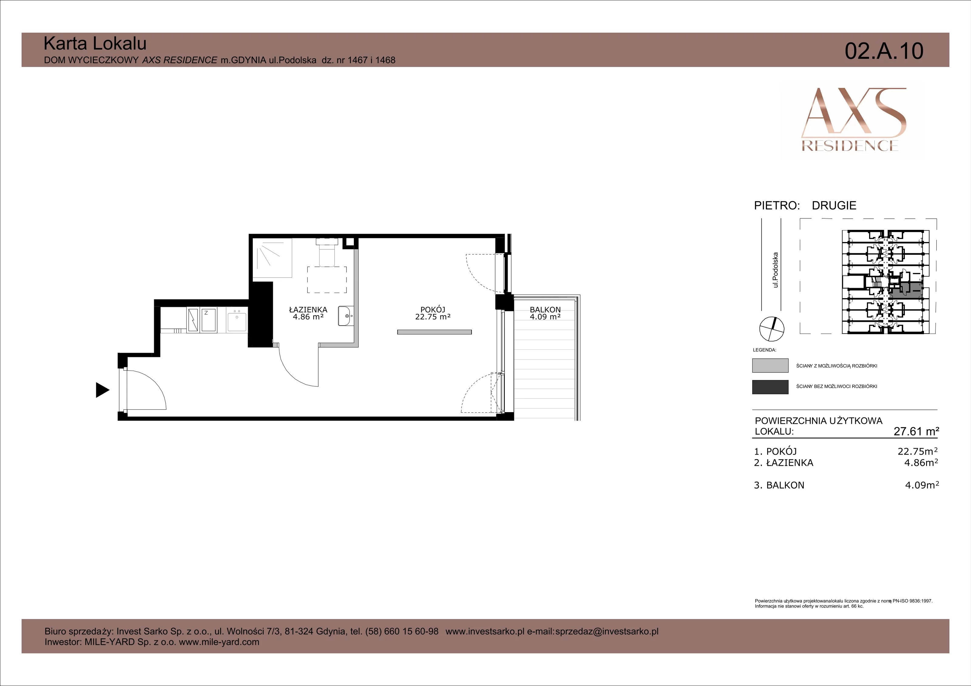 1 pokój, apartament inwestycyjny 27,61 m², piętro 2, oferta nr 02 A 10, AXS Residence, Gdynia, Działki Leśne, Działki Leśne, ul. Podolska