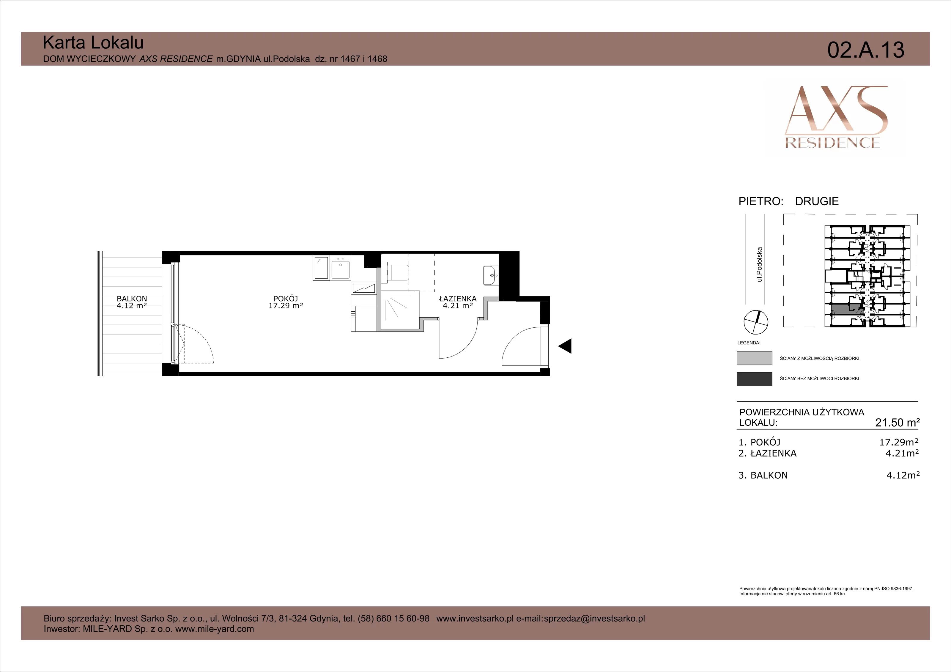 1 pokój, apartament inwestycyjny 21,50 m², piętro 2, oferta nr 02 A 13, AXS Residence, Gdynia, Działki Leśne, Działki Leśne, ul. Podolska