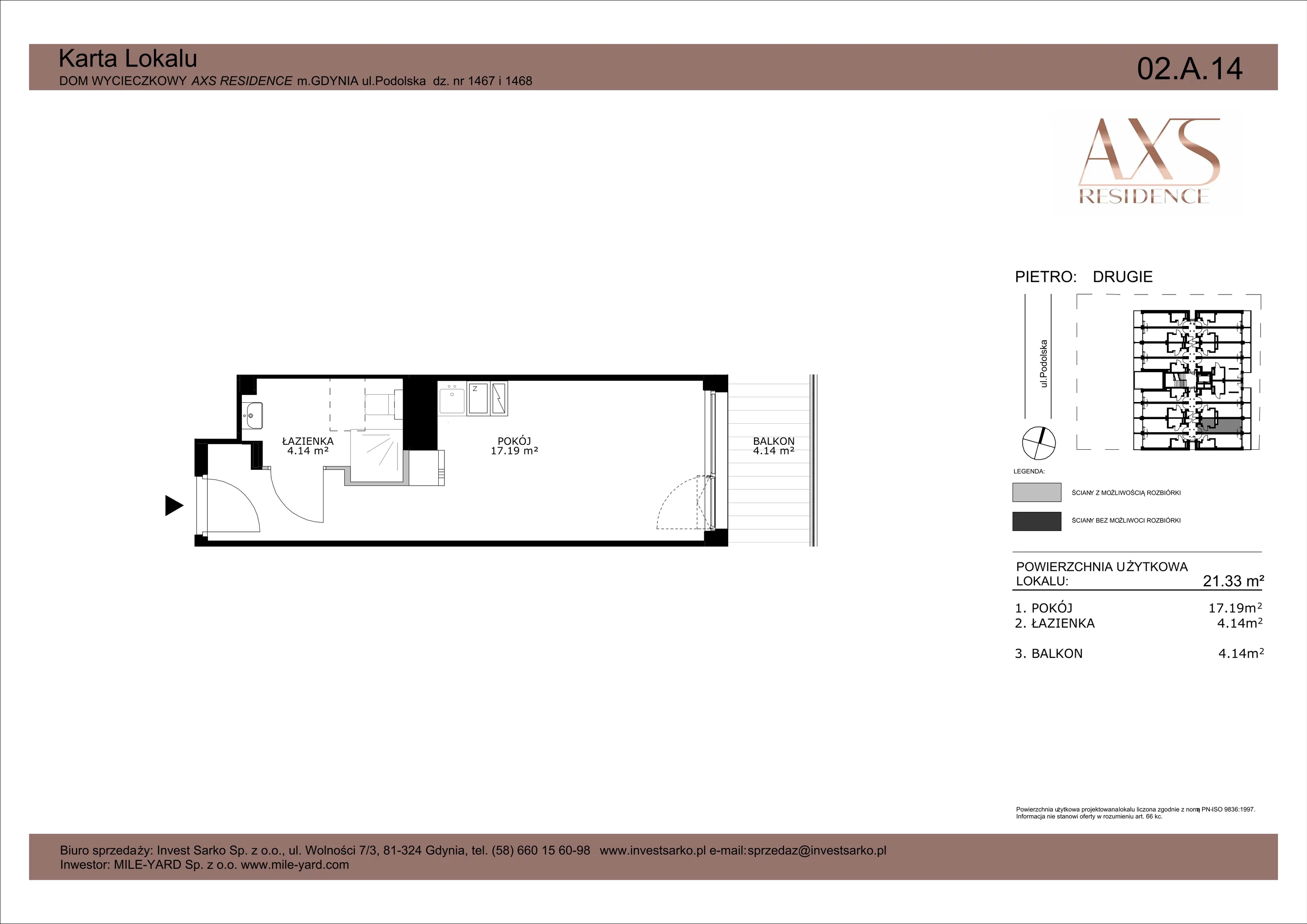 1 pokój, apartament inwestycyjny 25,33 m², piętro 2, oferta nr 02 A 14, AXS Residence, Gdynia, Działki Leśne, Działki Leśne, ul. Podolska