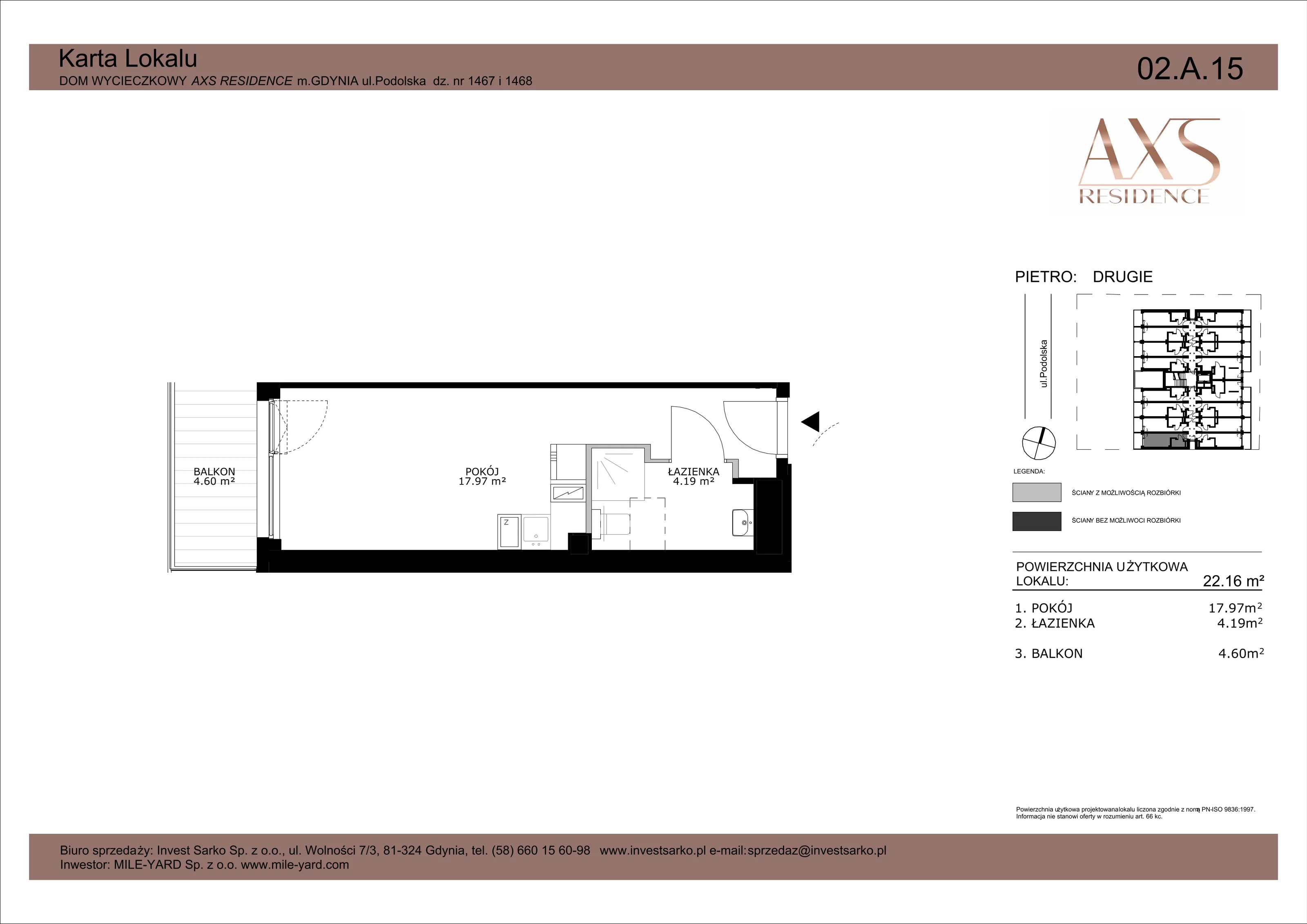 1 pokój, apartament inwestycyjny 22,16 m², piętro 2, oferta nr 02 A 15, AXS Residence, Gdynia, Działki Leśne, Działki Leśne, ul. Podolska