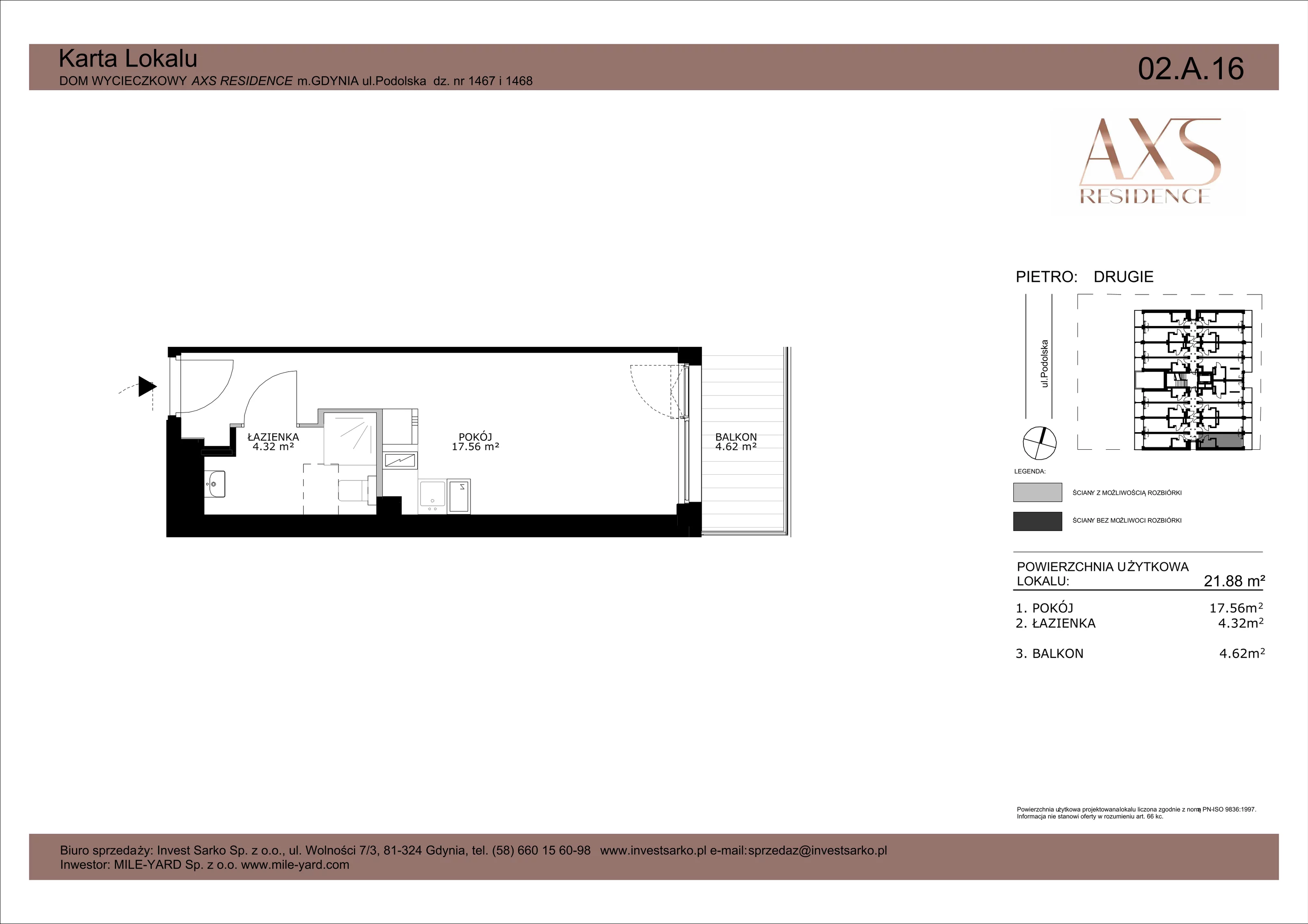 1 pokój, apartament inwestycyjny 21,88 m², piętro 2, oferta nr 02 A 16, AXS Residence, Gdynia, Działki Leśne, Działki Leśne, ul. Podolska