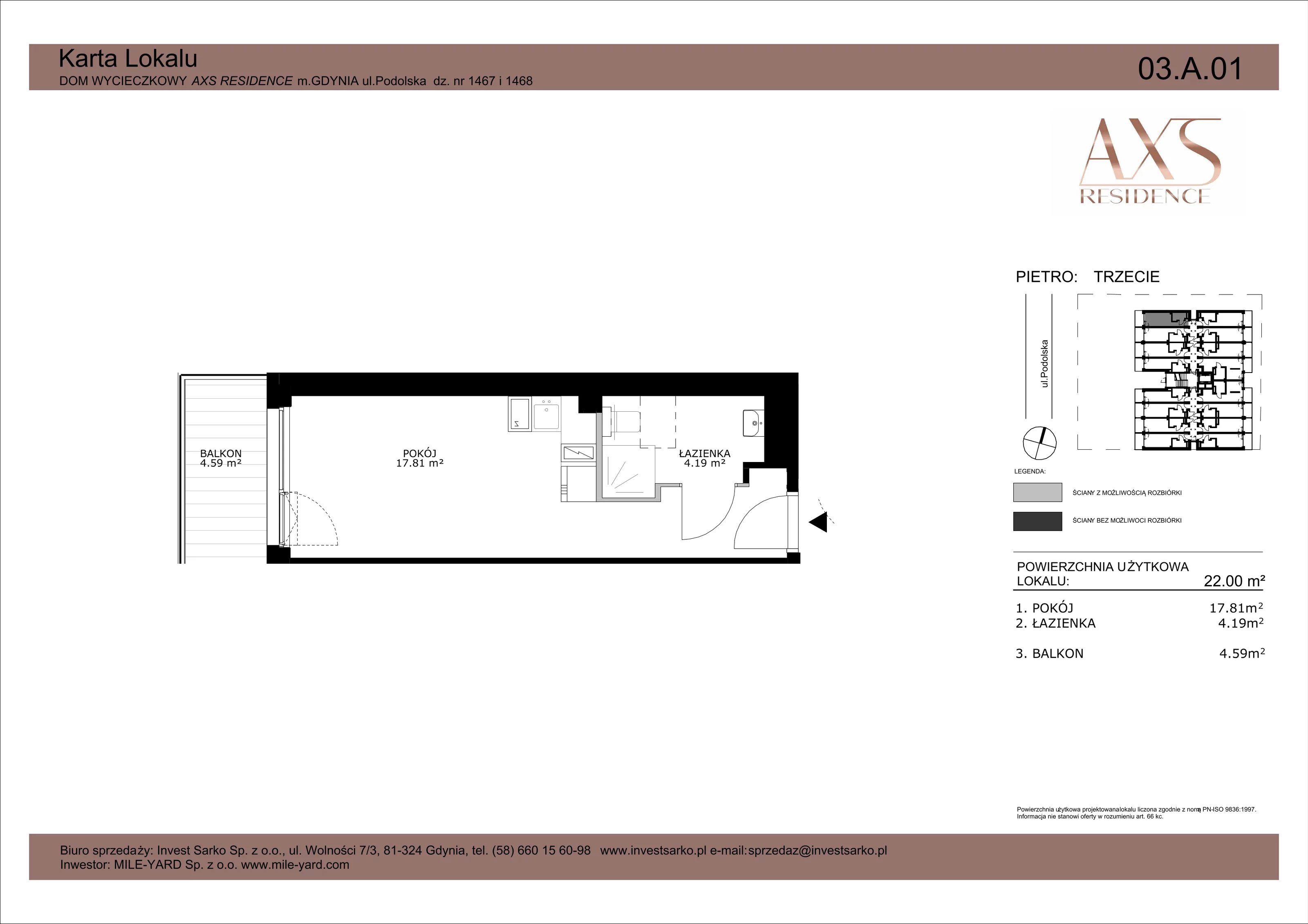 1 pokój, apartament inwestycyjny 22,00 m², piętro 3, oferta nr 03 A 01, AXS Residence, Gdynia, Działki Leśne, Działki Leśne, ul. Podolska