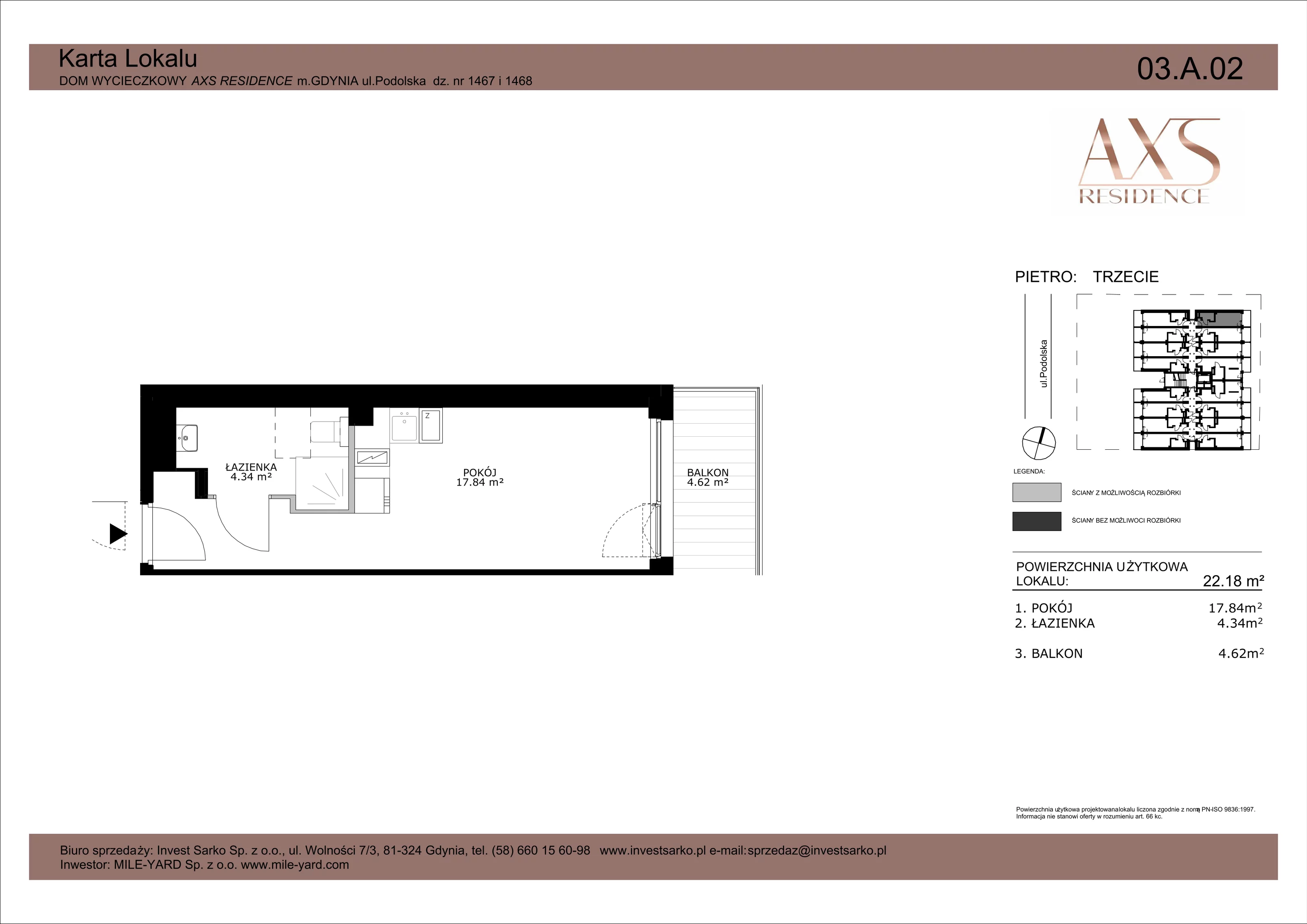 1 pokój, apartament inwestycyjny 22,18 m², piętro 3, oferta nr 03 A 02, AXS Residence, Gdynia, Działki Leśne, Działki Leśne, ul. Podolska