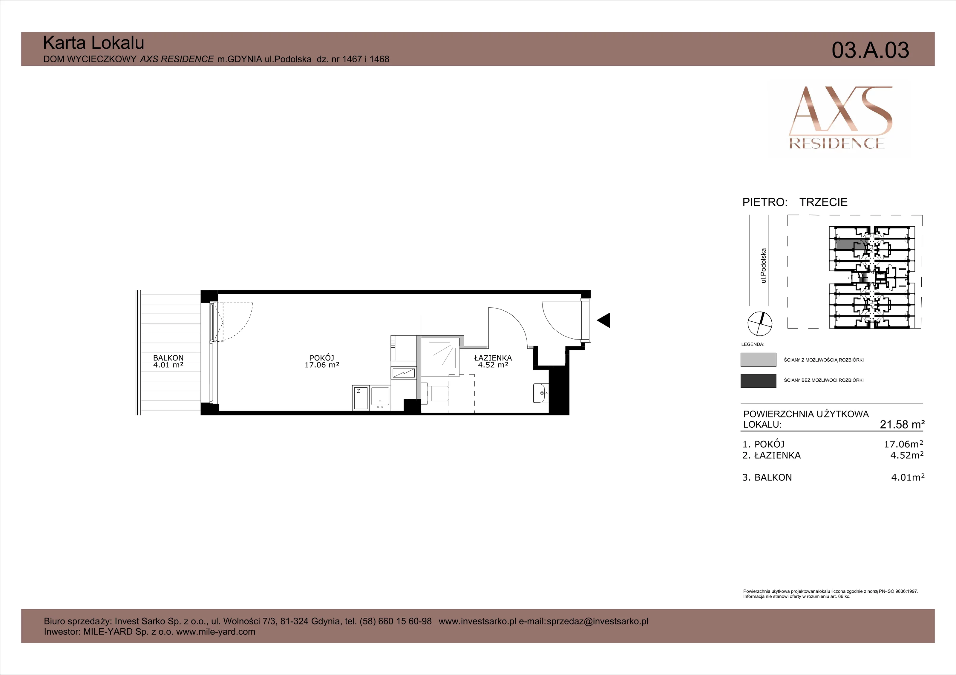 1 pokój, apartament inwestycyjny 21,58 m², piętro 3, oferta nr 03 A 03, AXS Residence, Gdynia, Działki Leśne, Działki Leśne, ul. Podolska