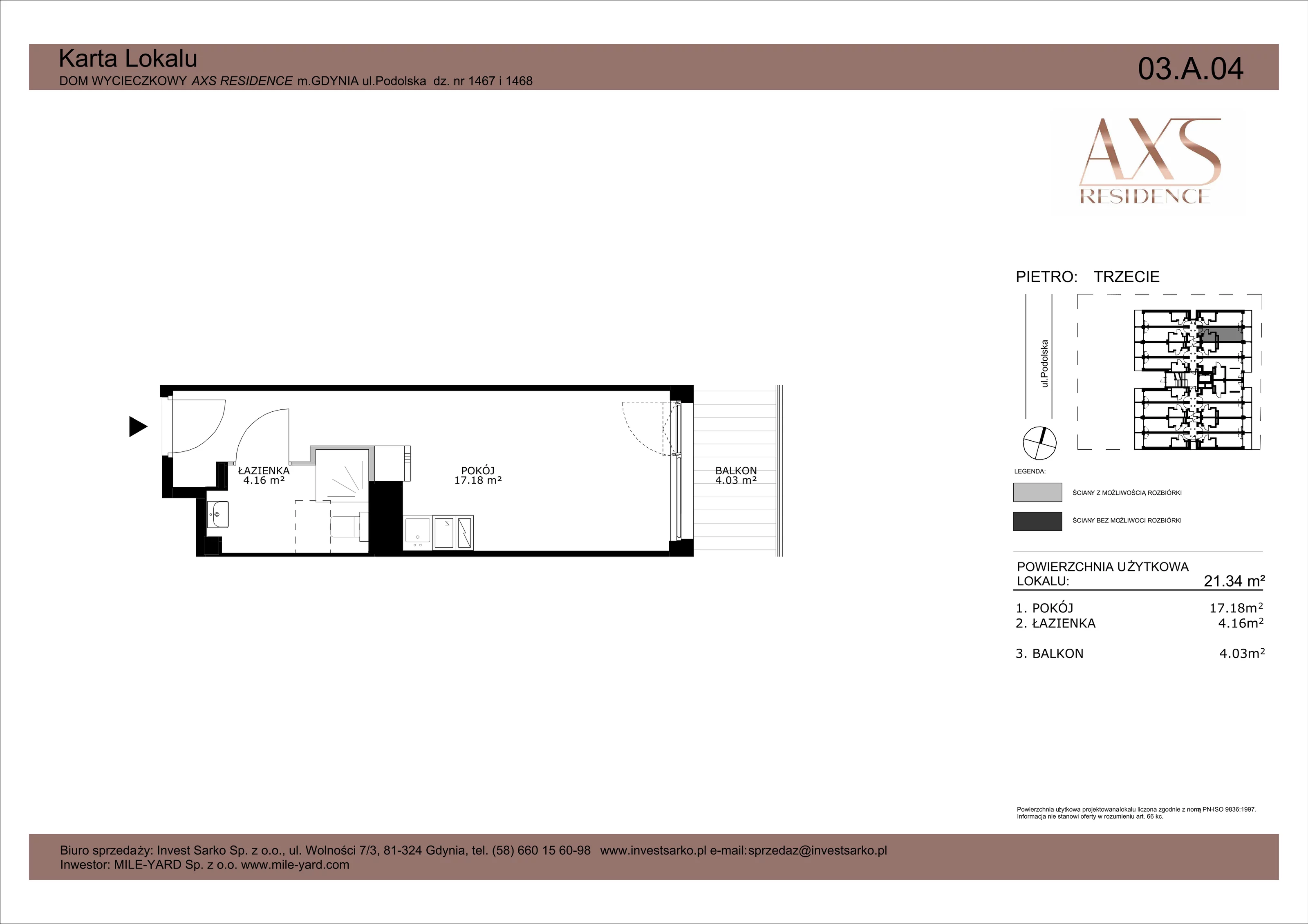 Apartament inwestycyjny 21,34 m², piętro 3, oferta nr 03 A 04, AXS Residence, Gdynia, Działki Leśne, Działki Leśne, ul. Podolska