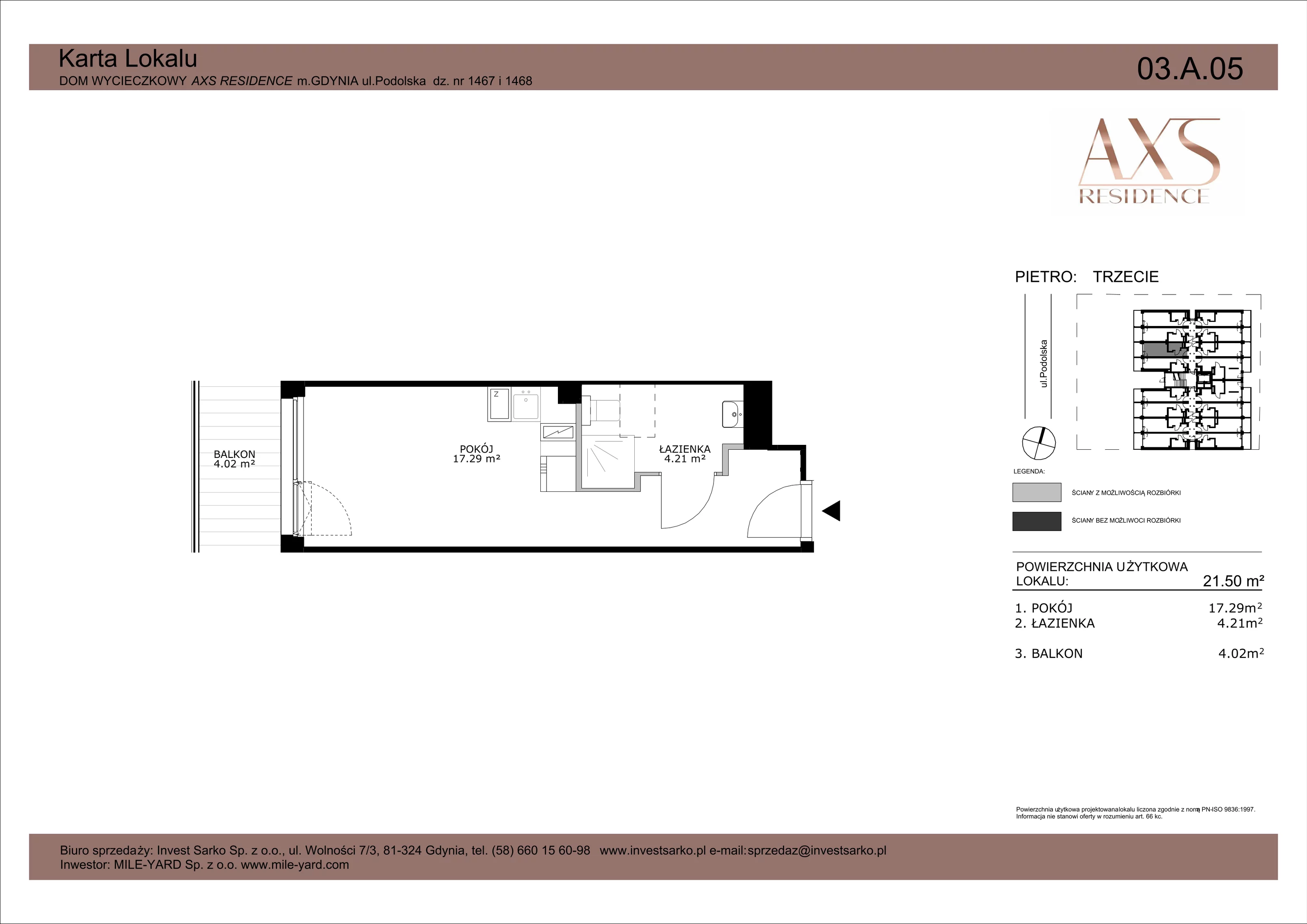 1 pokój, apartament inwestycyjny 21,50 m², piętro 3, oferta nr 03 A 05, AXS Residence, Gdynia, Działki Leśne, Działki Leśne, ul. Podolska