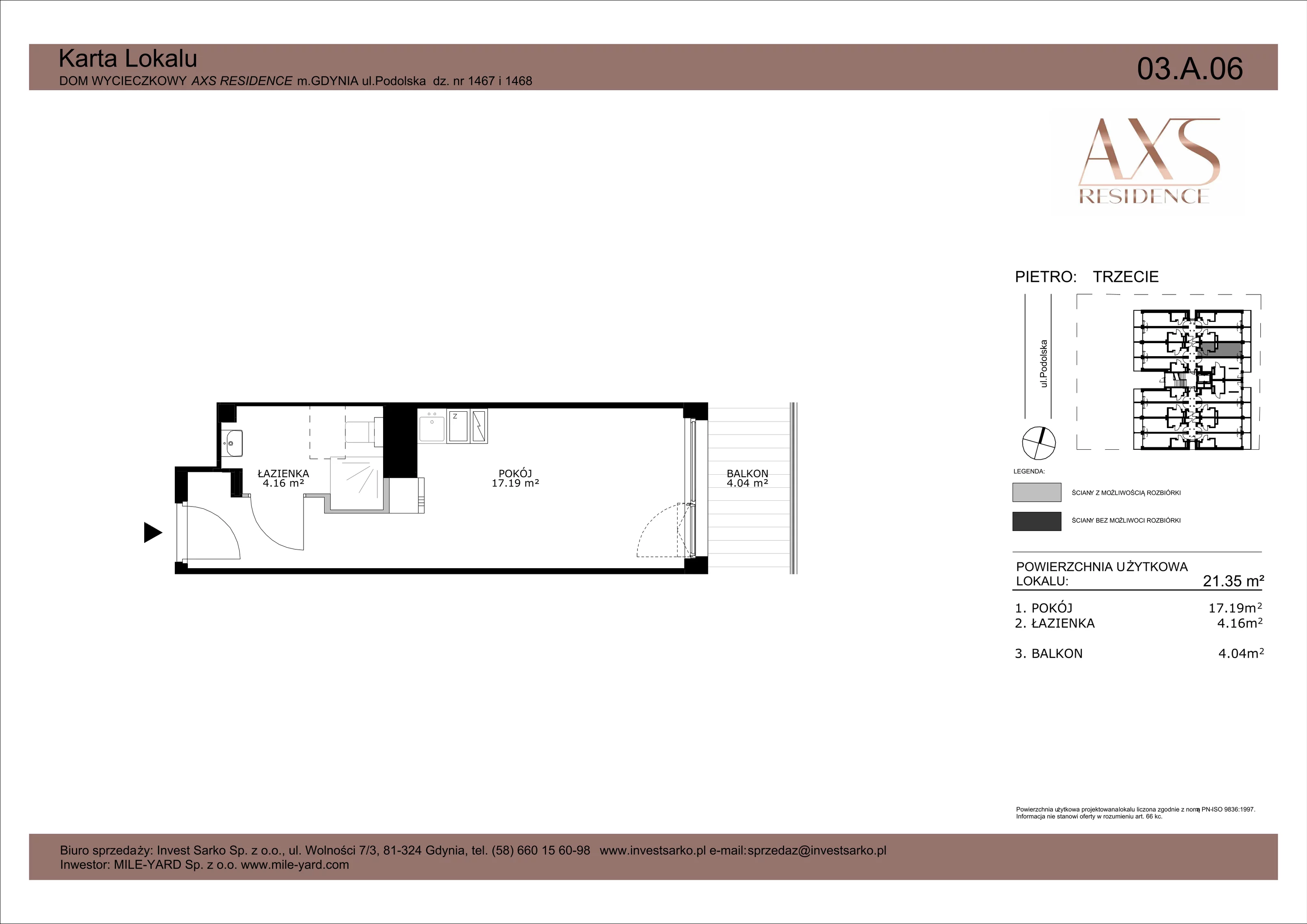 Apartament inwestycyjny 21,35 m², piętro 3, oferta nr 03 A 06, AXS Residence, Gdynia, Działki Leśne, Działki Leśne, ul. Podolska