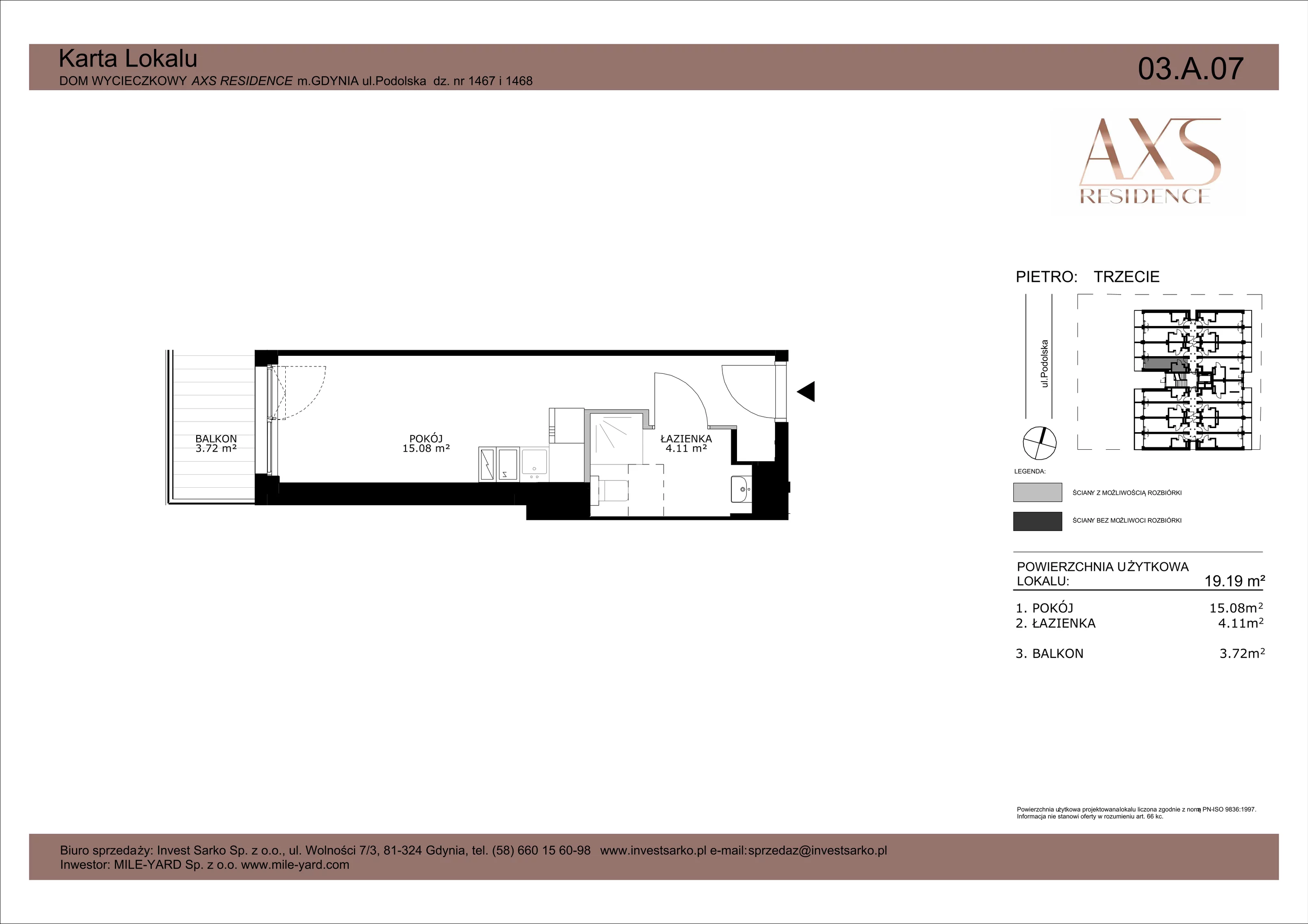 Apartament inwestycyjny 19,19 m², piętro 3, oferta nr 03 A 07, AXS Residence, Gdynia, Działki Leśne, Działki Leśne, ul. Podolska