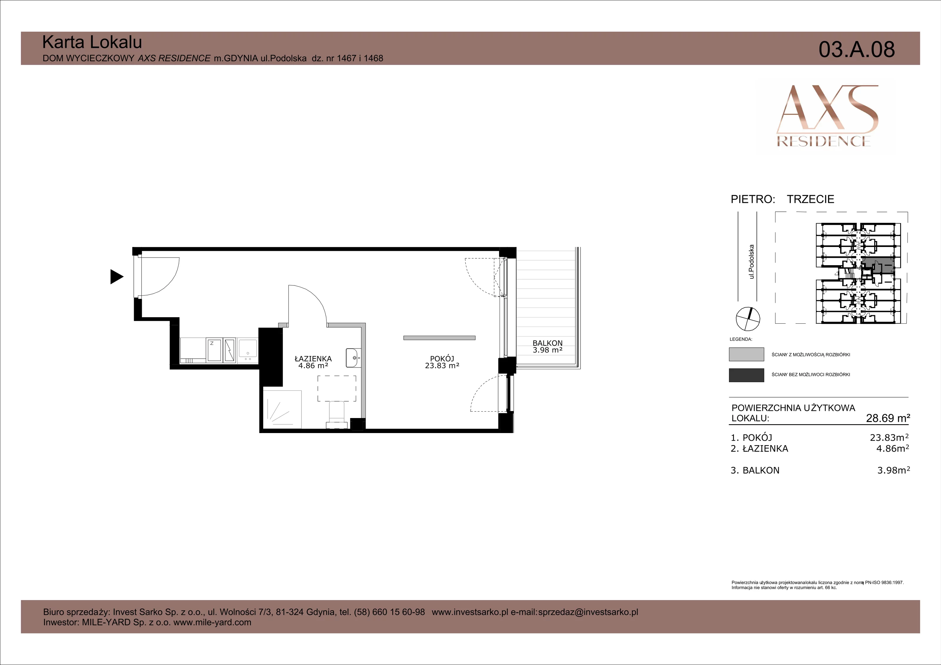 1 pokój, apartament inwestycyjny 28,69 m², piętro 3, oferta nr 03 A 08, AXS Residence, Gdynia, Działki Leśne, Działki Leśne, ul. Podolska