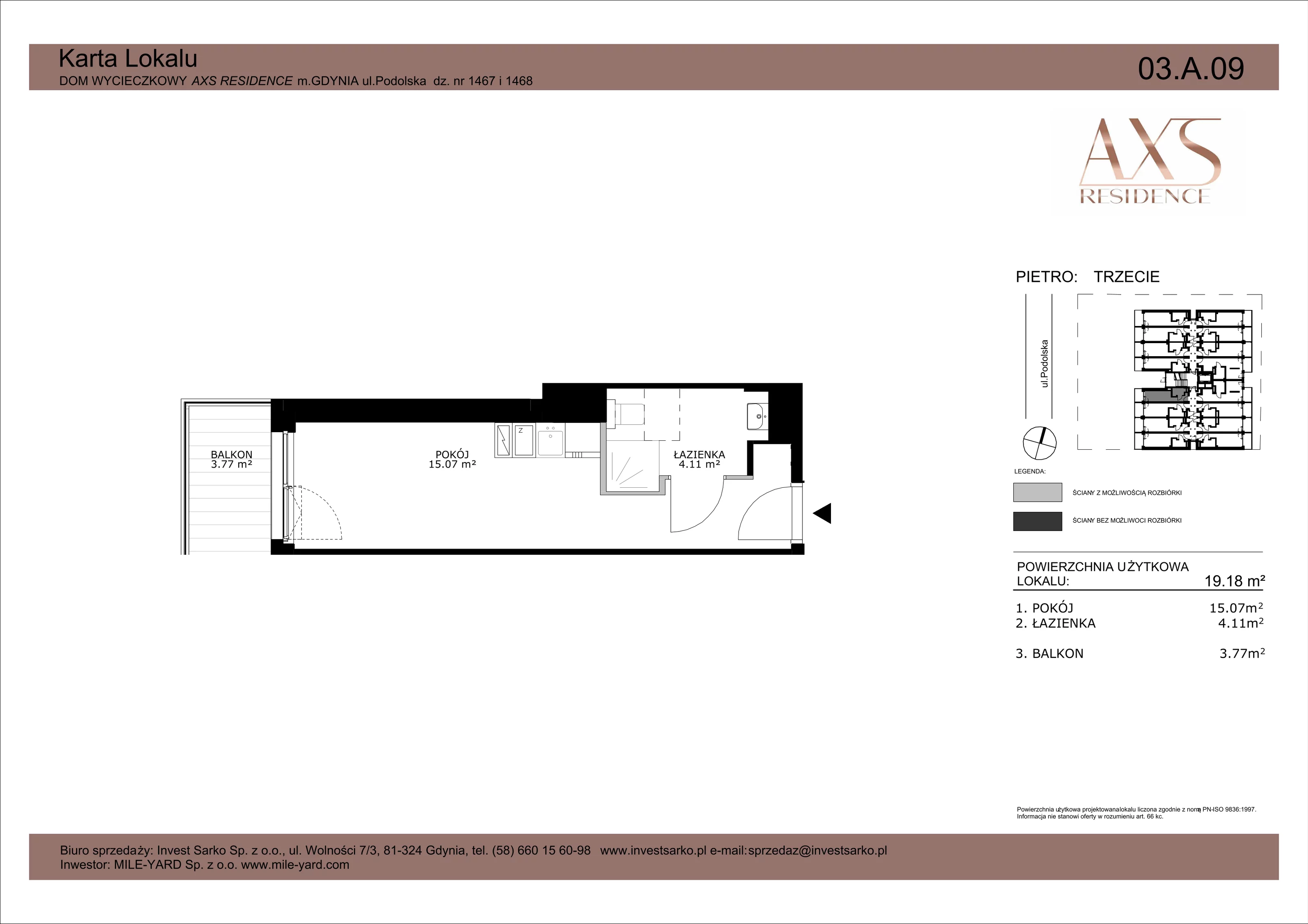 Apartament inwestycyjny 19,18 m², piętro 3, oferta nr 03 A 09, AXS Residence, Gdynia, Działki Leśne, Działki Leśne, ul. Podolska