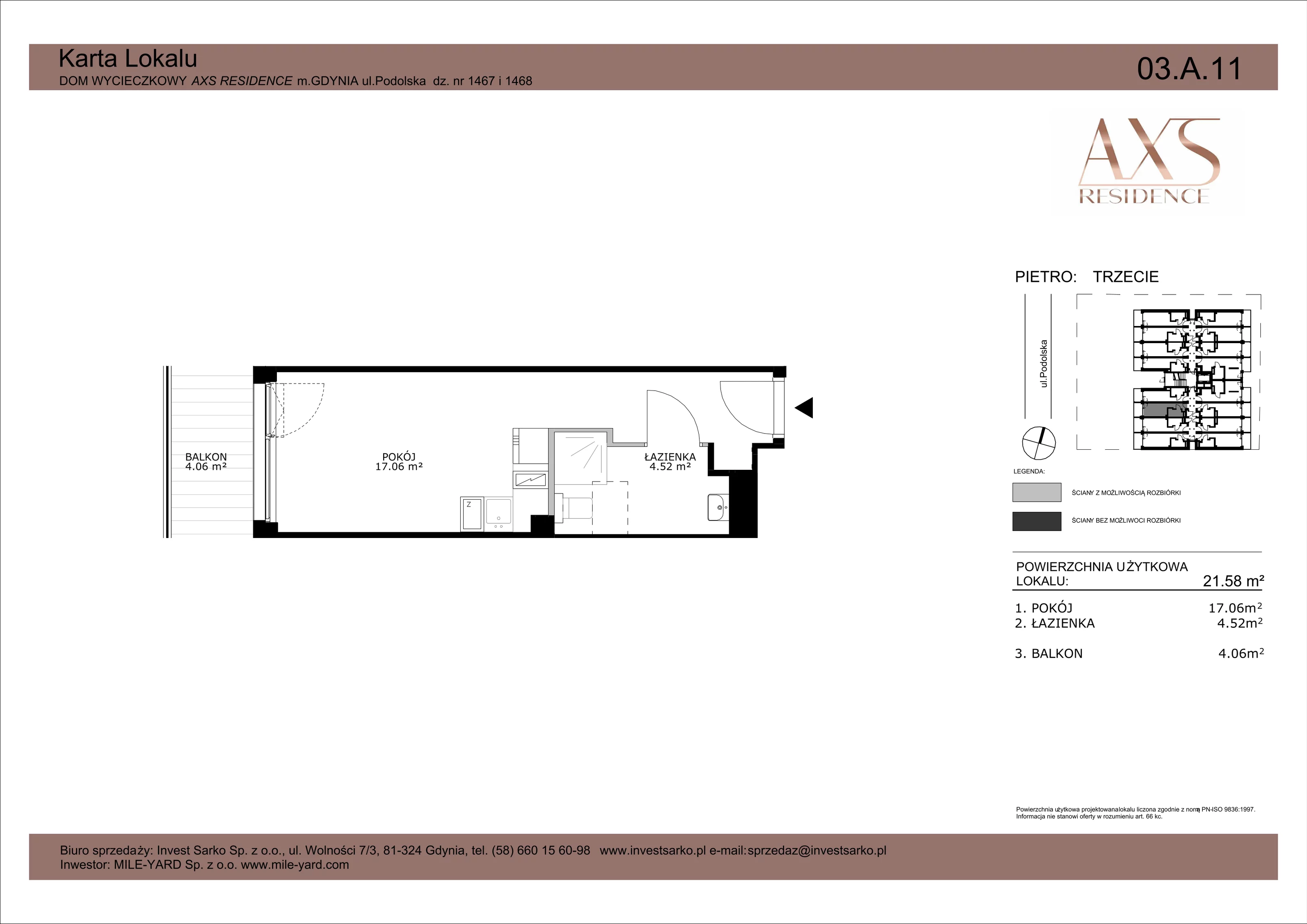 1 pokój, apartament inwestycyjny 21,58 m², piętro 3, oferta nr 03 A 11, AXS Residence, Gdynia, Działki Leśne, Działki Leśne, ul. Podolska