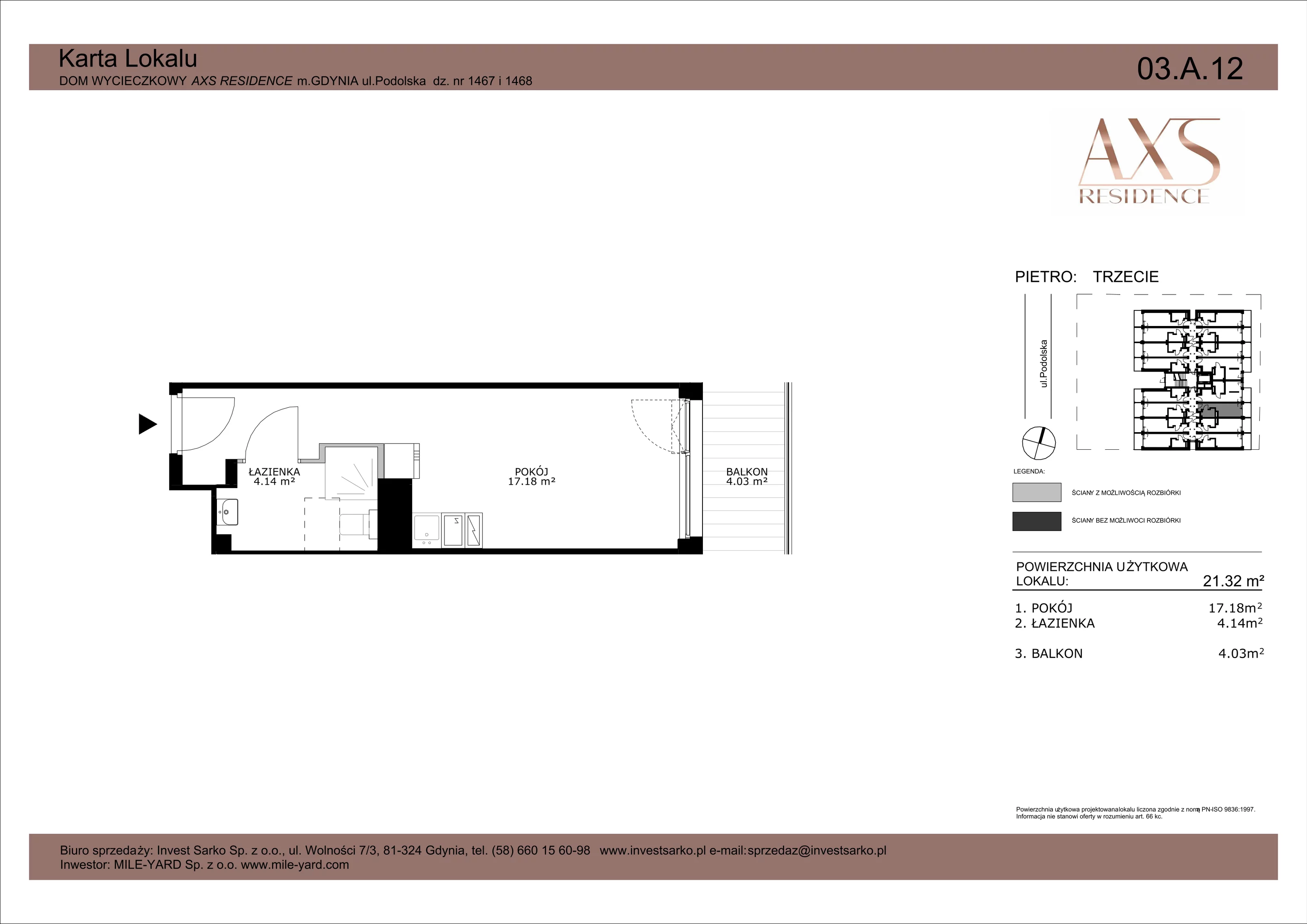 Apartament inwestycyjny 21,32 m², piętro 3, oferta nr 03 A 12, AXS Residence, Gdynia, Działki Leśne, Działki Leśne, ul. Podolska