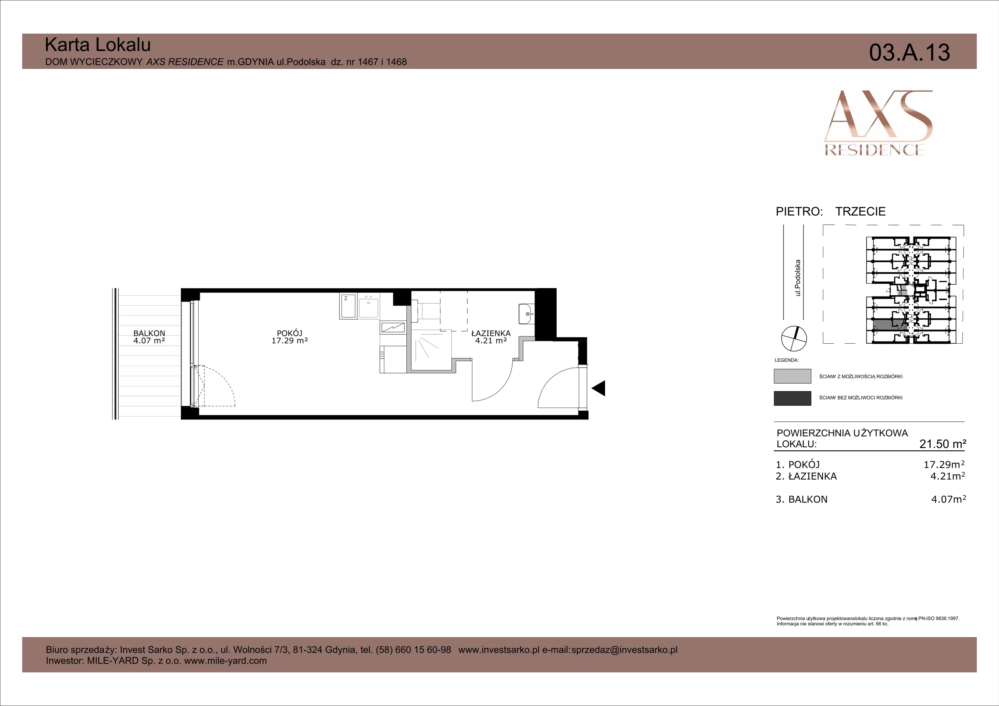 1 pokój, apartament inwestycyjny 21,50 m², piętro 3, oferta nr 03 A 13, AXS Residence, Gdynia, Działki Leśne, Działki Leśne, ul. Podolska