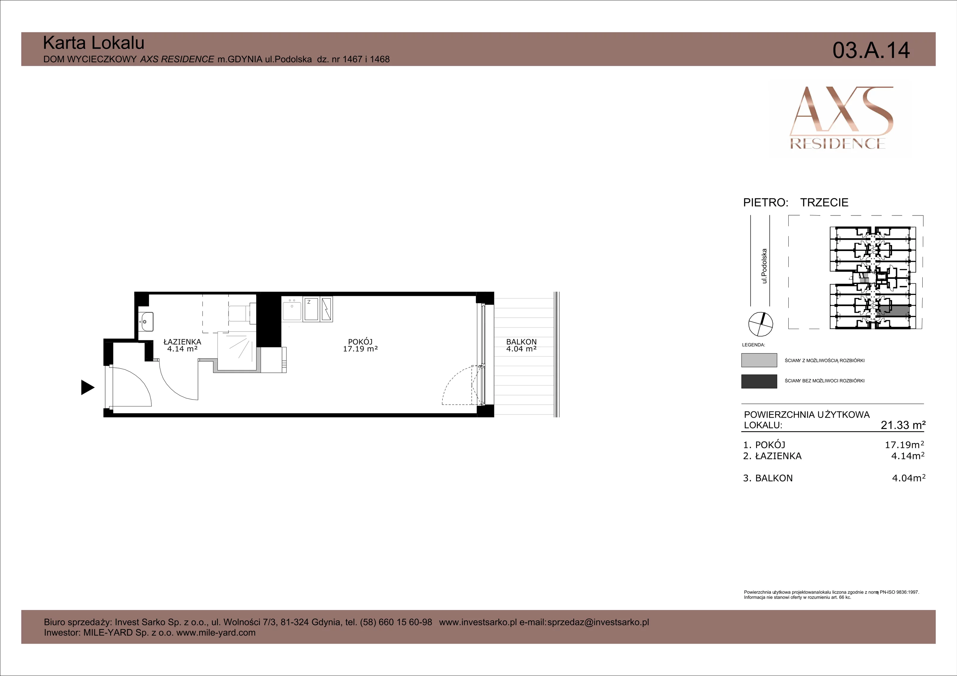 Apartament inwestycyjny 21,33 m², piętro 3, oferta nr 03 A 14, AXS Residence, Gdynia, Działki Leśne, Działki Leśne, ul. Podolska