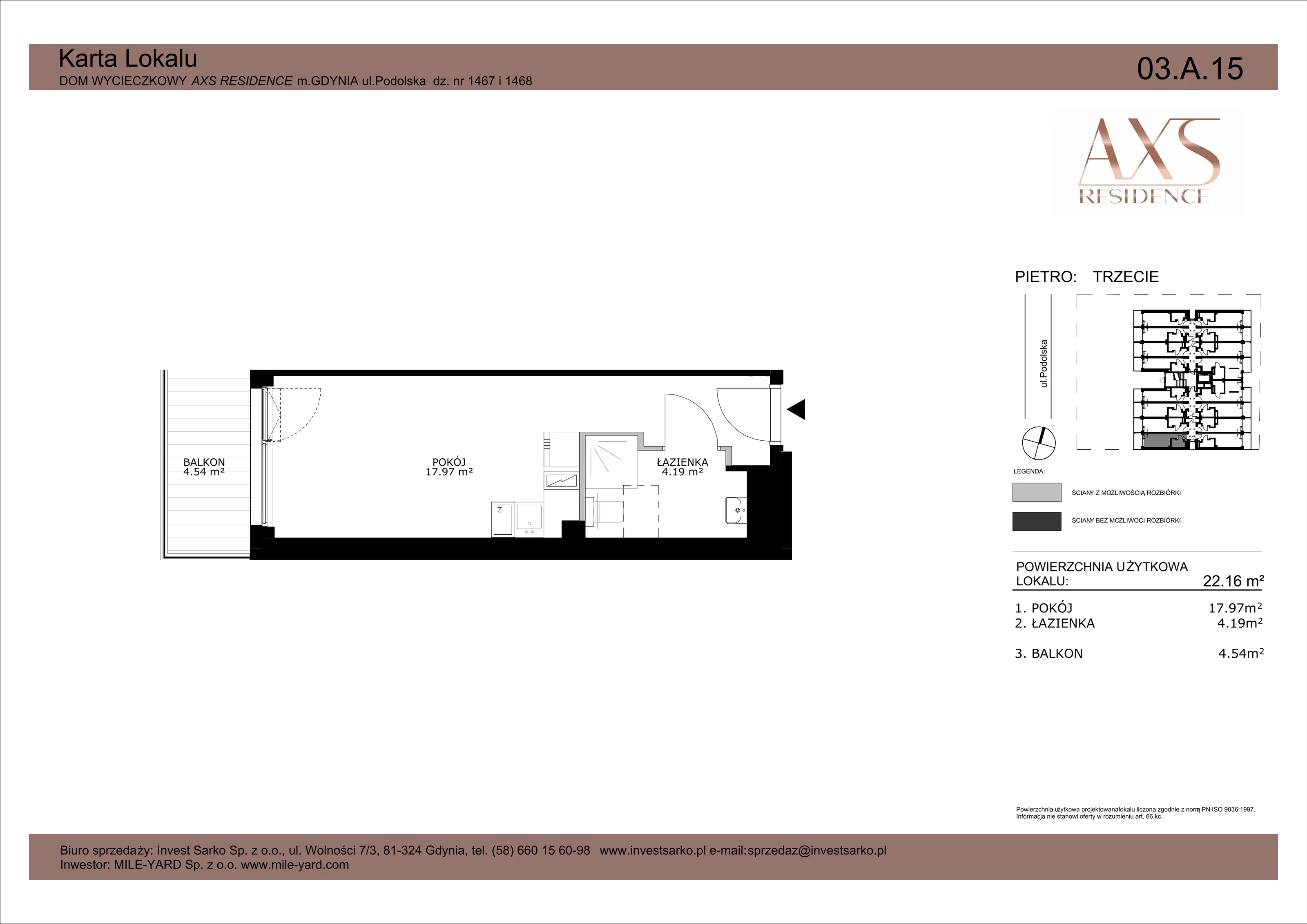 1 pokój, apartament inwestycyjny 22,16 m², piętro 3, oferta nr 03 A 15, AXS Residence, Gdynia, Działki Leśne, Działki Leśne, ul. Podolska